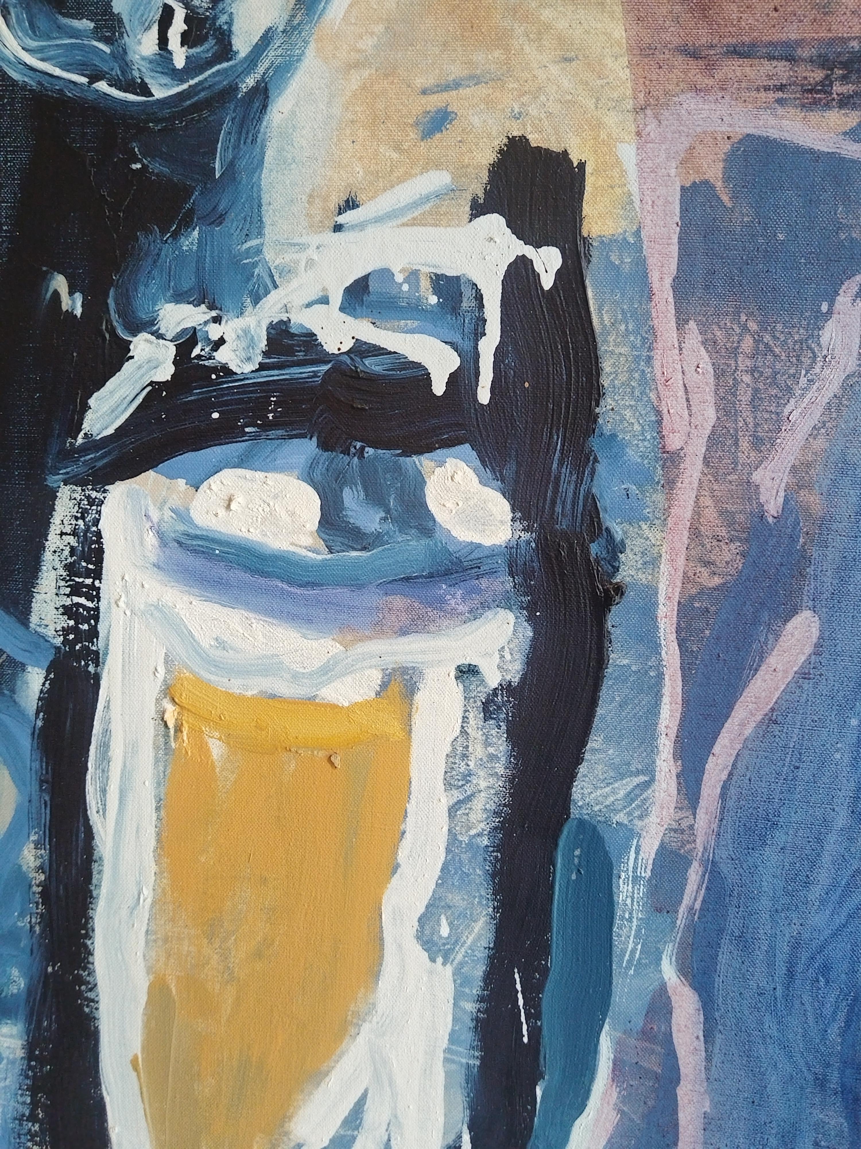 Gran pintura al óleo de retrato expresionista amarillo y azul 