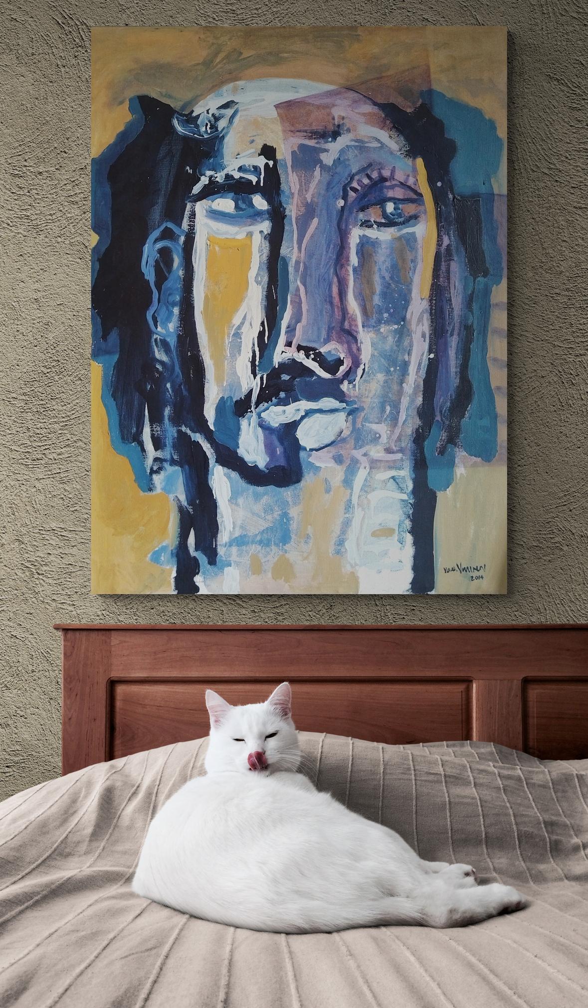 Gran pintura al óleo de retrato expresionista amarillo y azul 