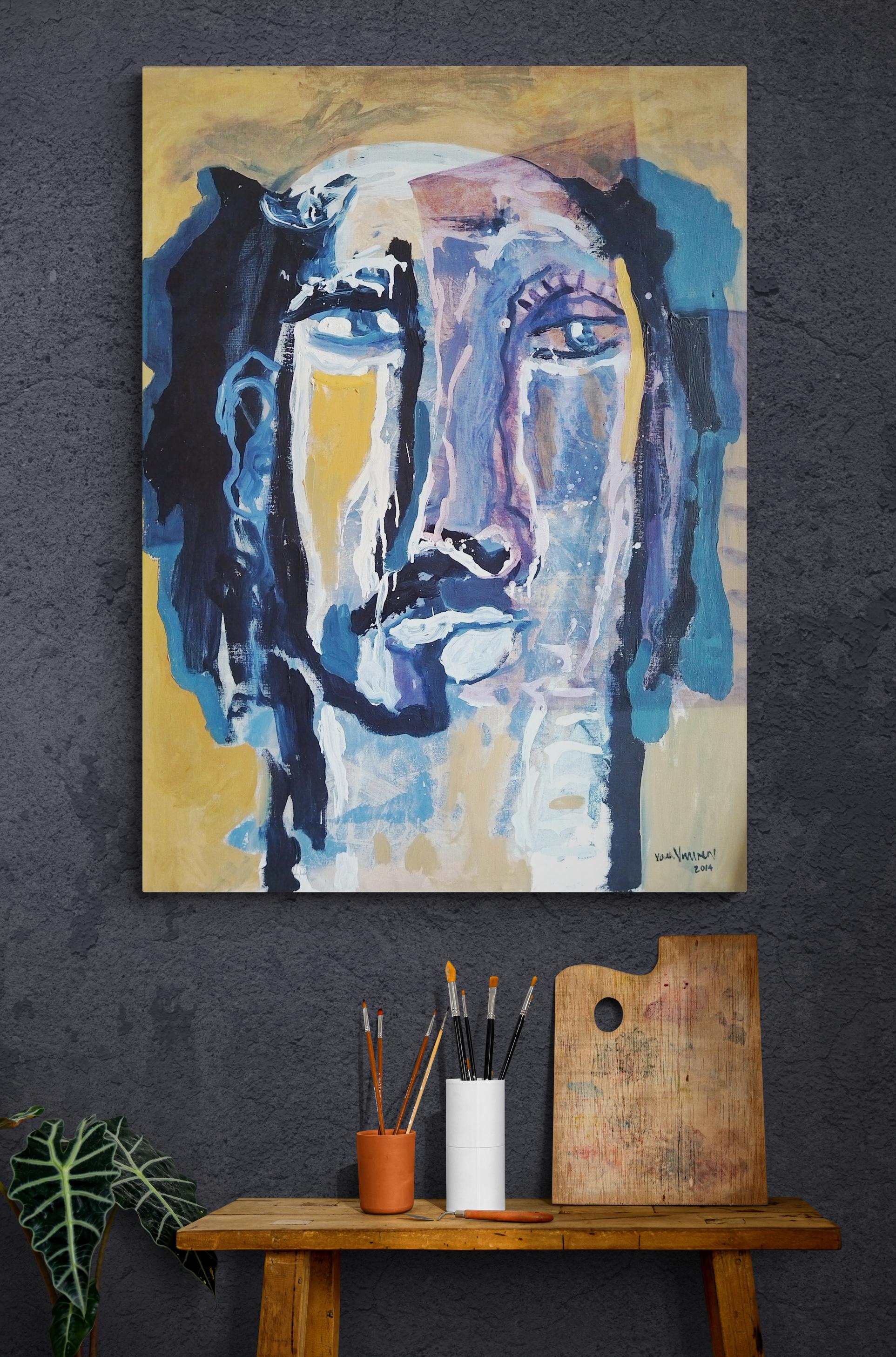 Gran pintura al óleo de retrato expresionista amarillo y azul 