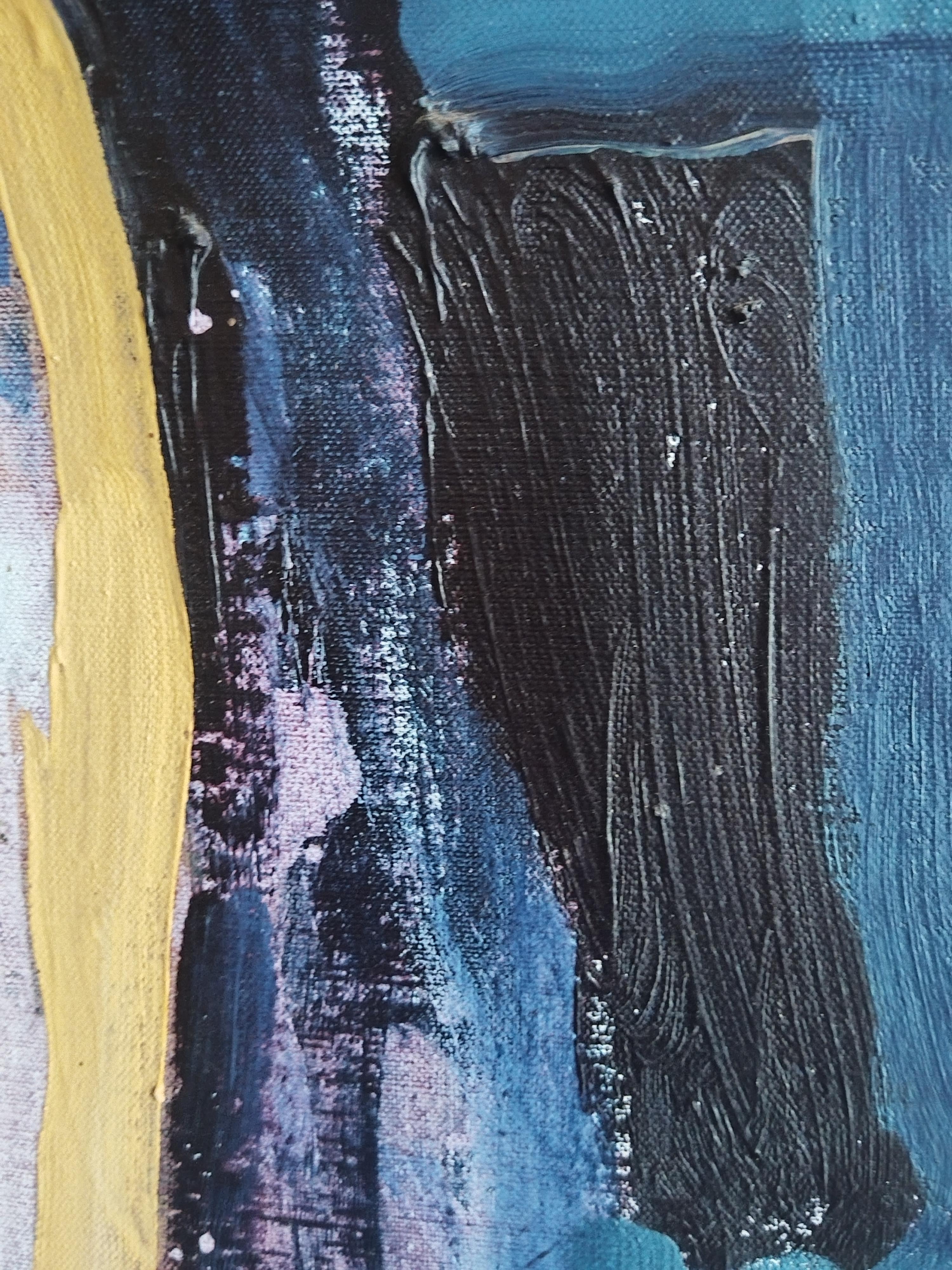 Gran pintura al óleo de retrato expresionista amarillo y azul 
