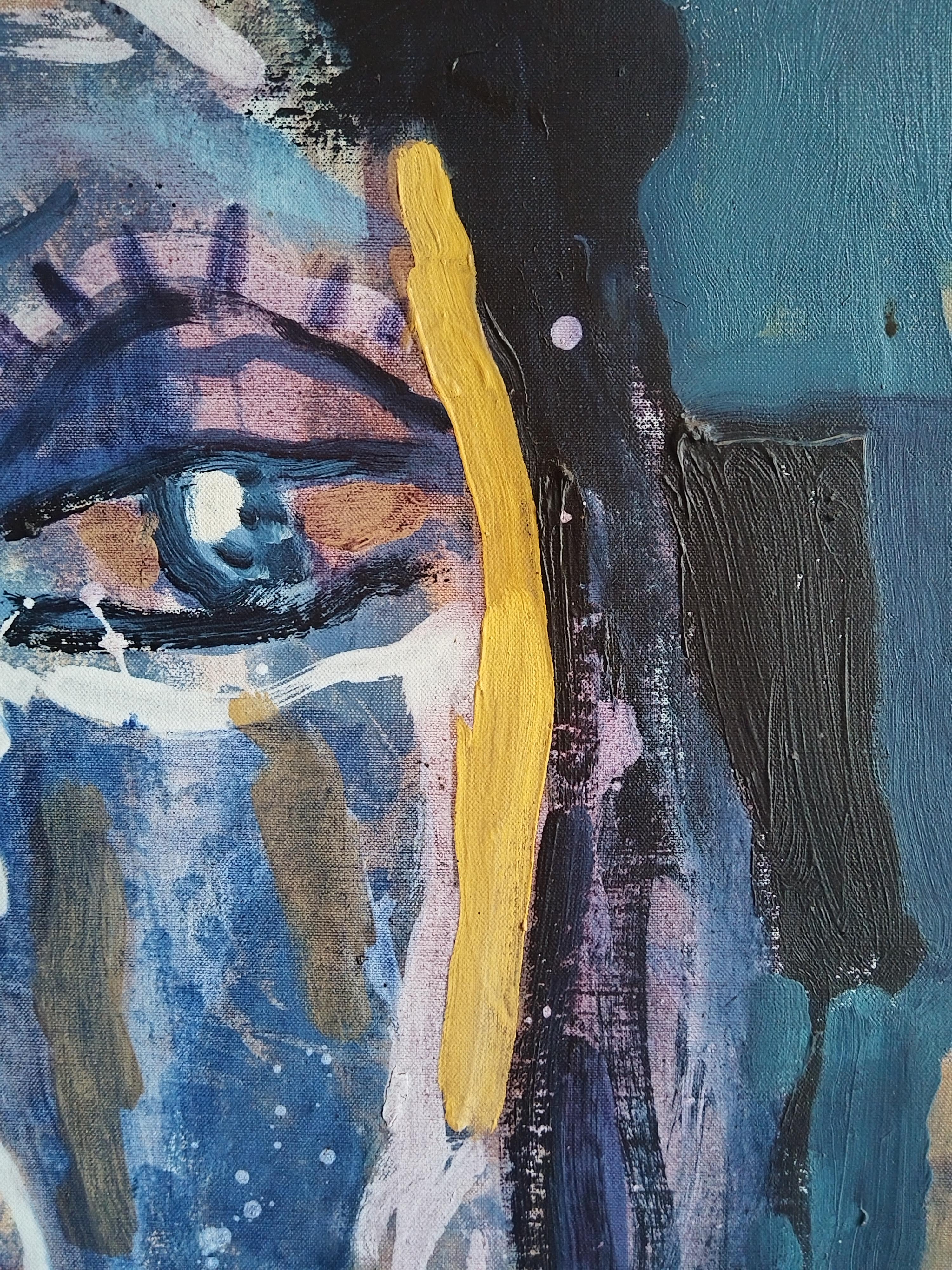 Gran pintura al óleo de retrato expresionista amarillo y azul 