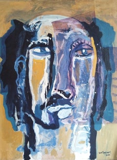 Large Yellow & Blue Expressionist Portrait Oil Painting "Untitled"