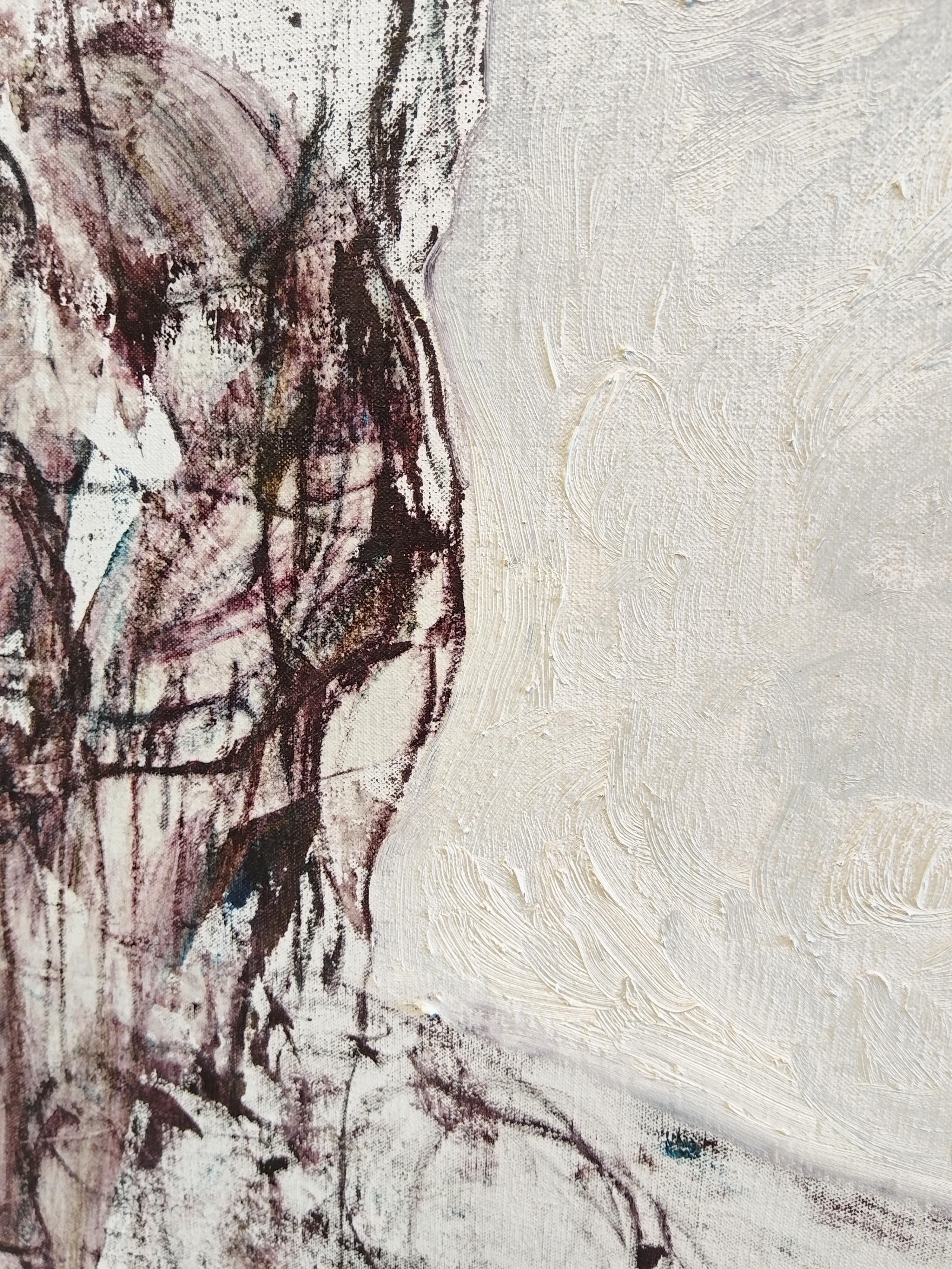 Un portrait abstrait unique peint à l'huile sur toile de lin belge tendue, prêt à être accroché. Options d'encadrement disponibles sur demande.