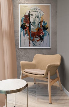 Pastel Orange Expressive Figurative Framed Oil Painting on Paper "Man in Hat"