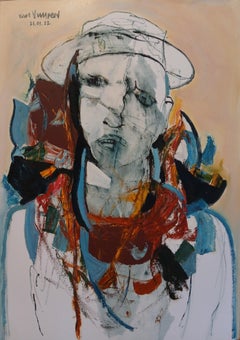 Pastel Orange Expressive Figurative Framed Oil Painting on Paper "Man in Hat"