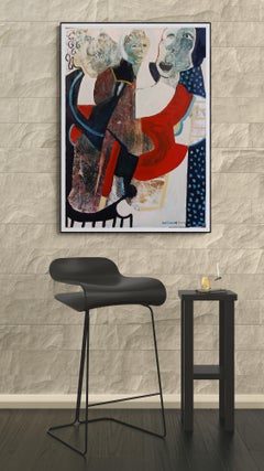 Peinture à l'huile expressive et figurative, encadrée, sur papier, en rouge et bleu : « Trois attitudes »