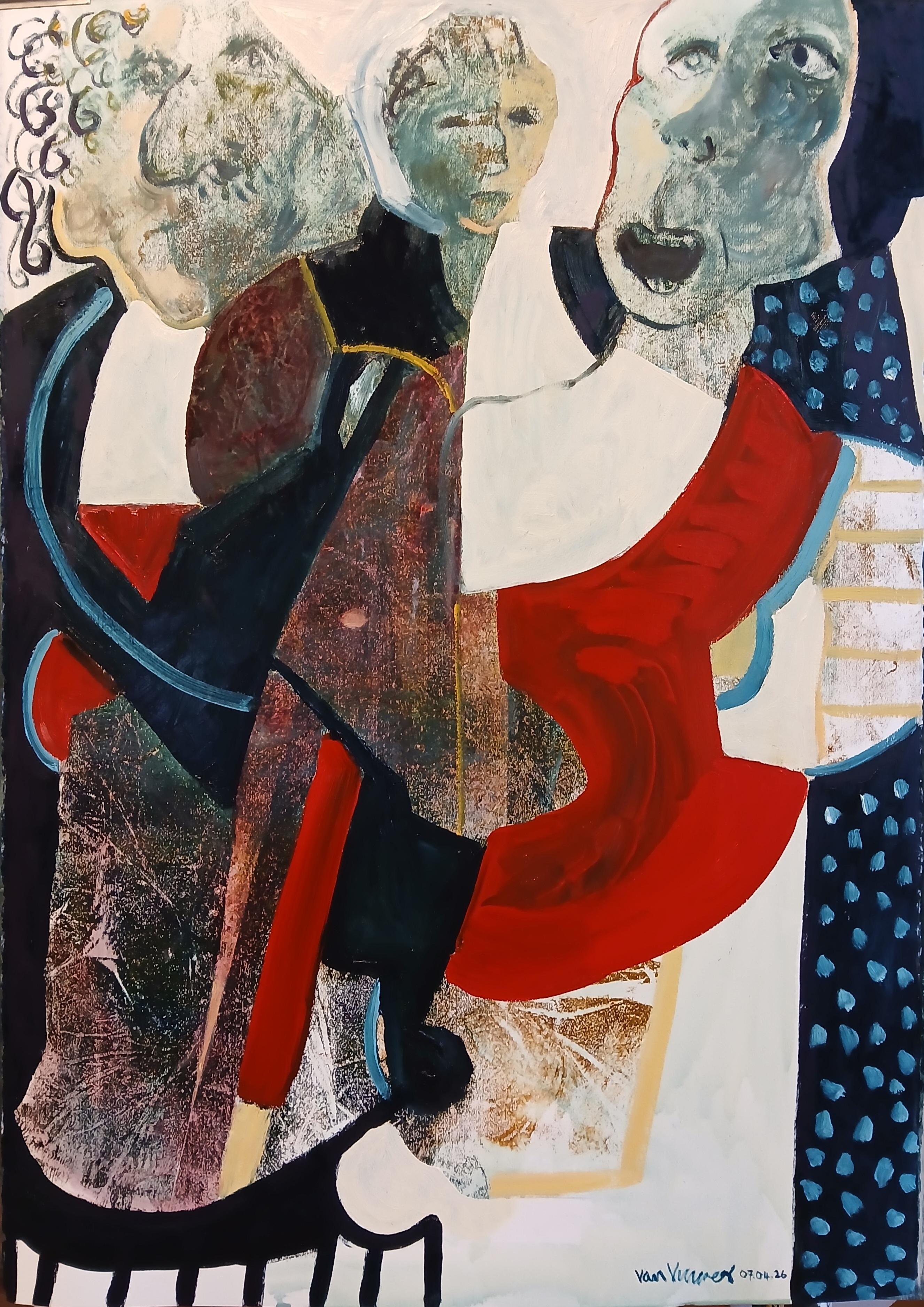 Red & Blue Expressive Figurative Framed Oil Painting on Paper "Three Attitudes"