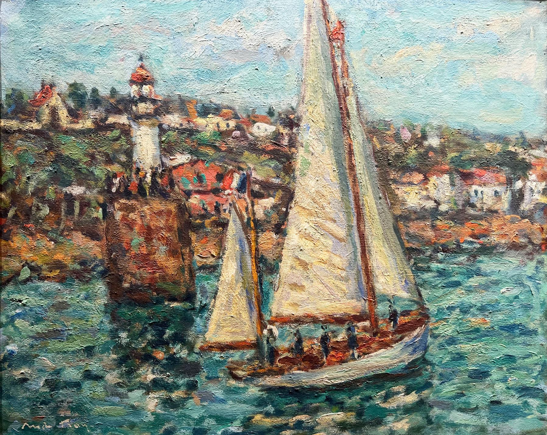 Figurative Painting Andre Fraye - Huile sur toile - Peinture figurative très colorée et vibrante représentant un voilier