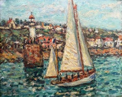 Huile sur toile - Peinture figurative très colorée et vibrante représentant un voilier