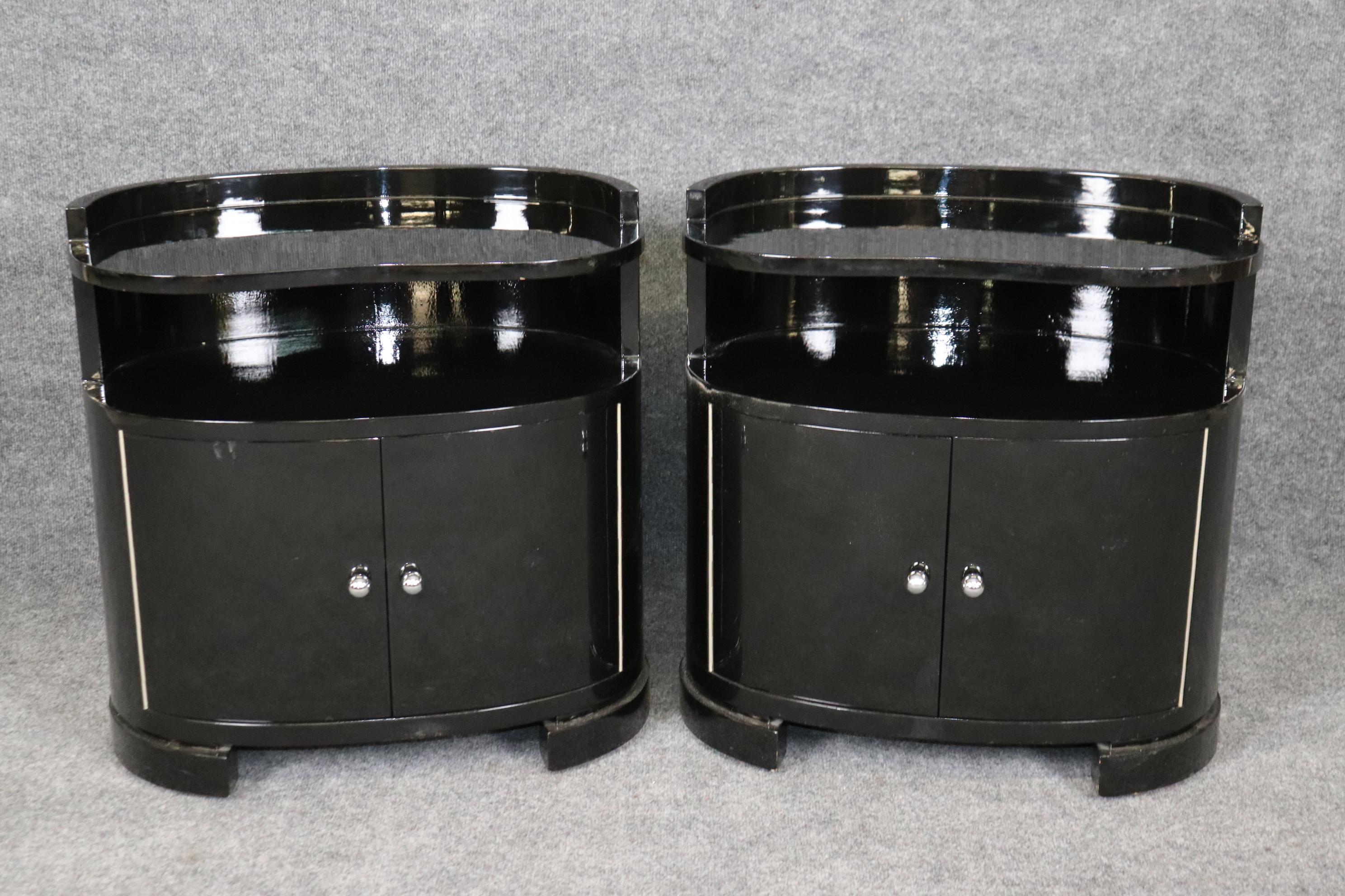 Nickel Andre Frechet Ebonized French Art Deco Black Lacquer Nightstands 1930 For Sale
