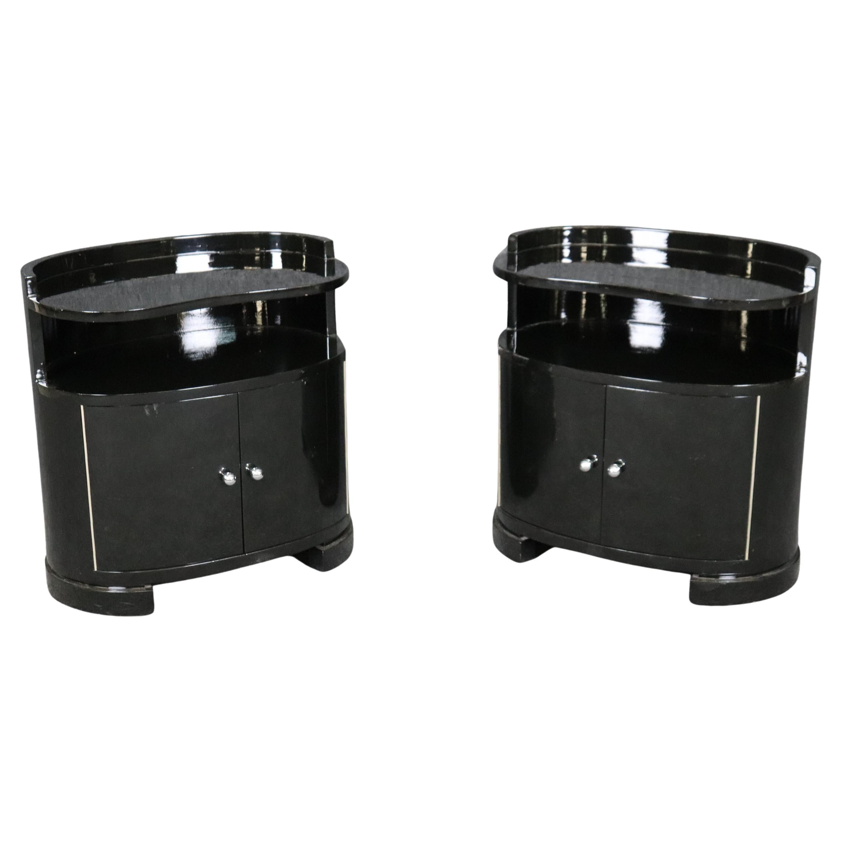 Andre Frechet Ebonized French Art Deco Black Lacquer Nightstands 1930