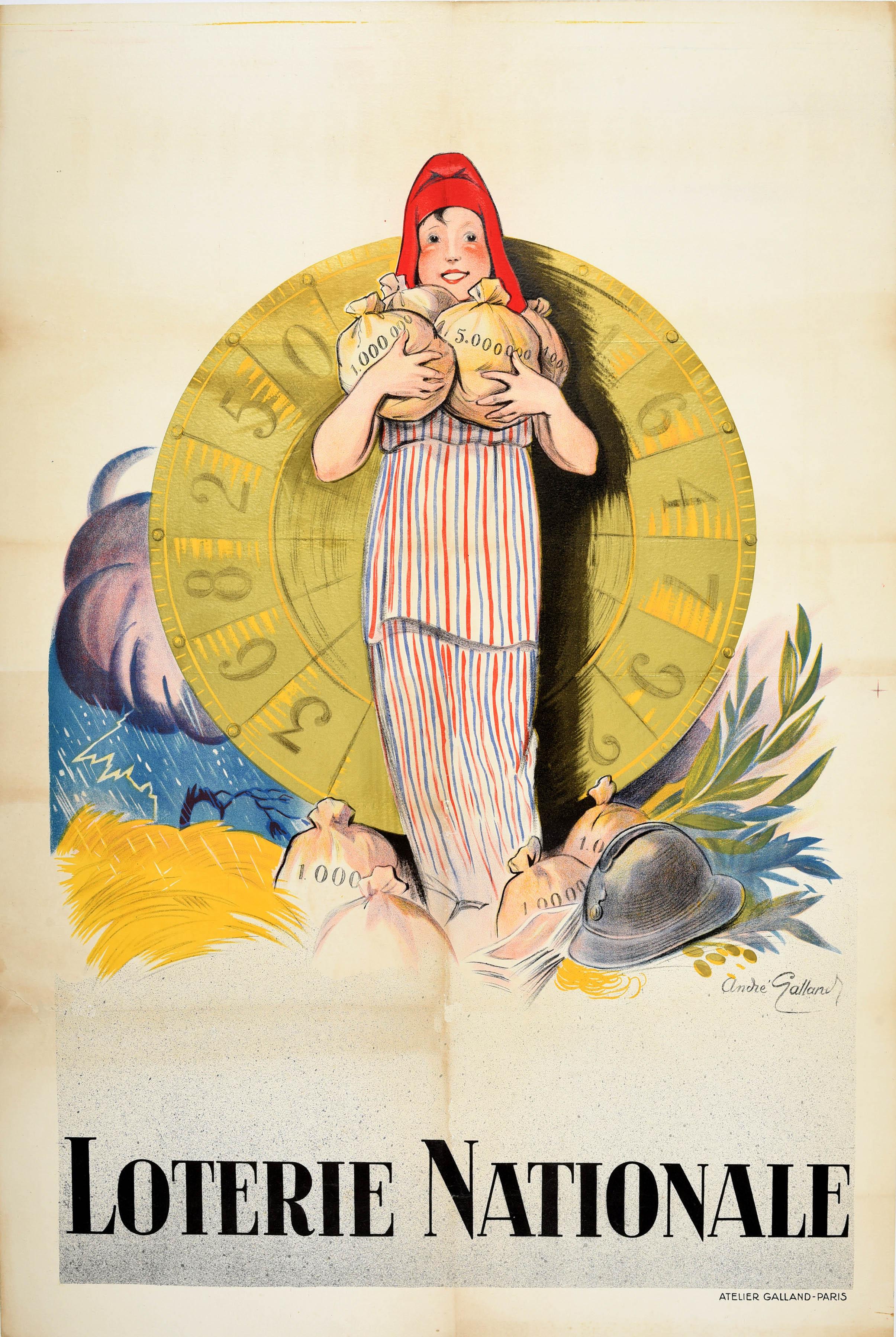 Andre Galland Print – Original-Vintage-Werbeplakat Loterie Nationale, Rad der Fortune, Andre Art