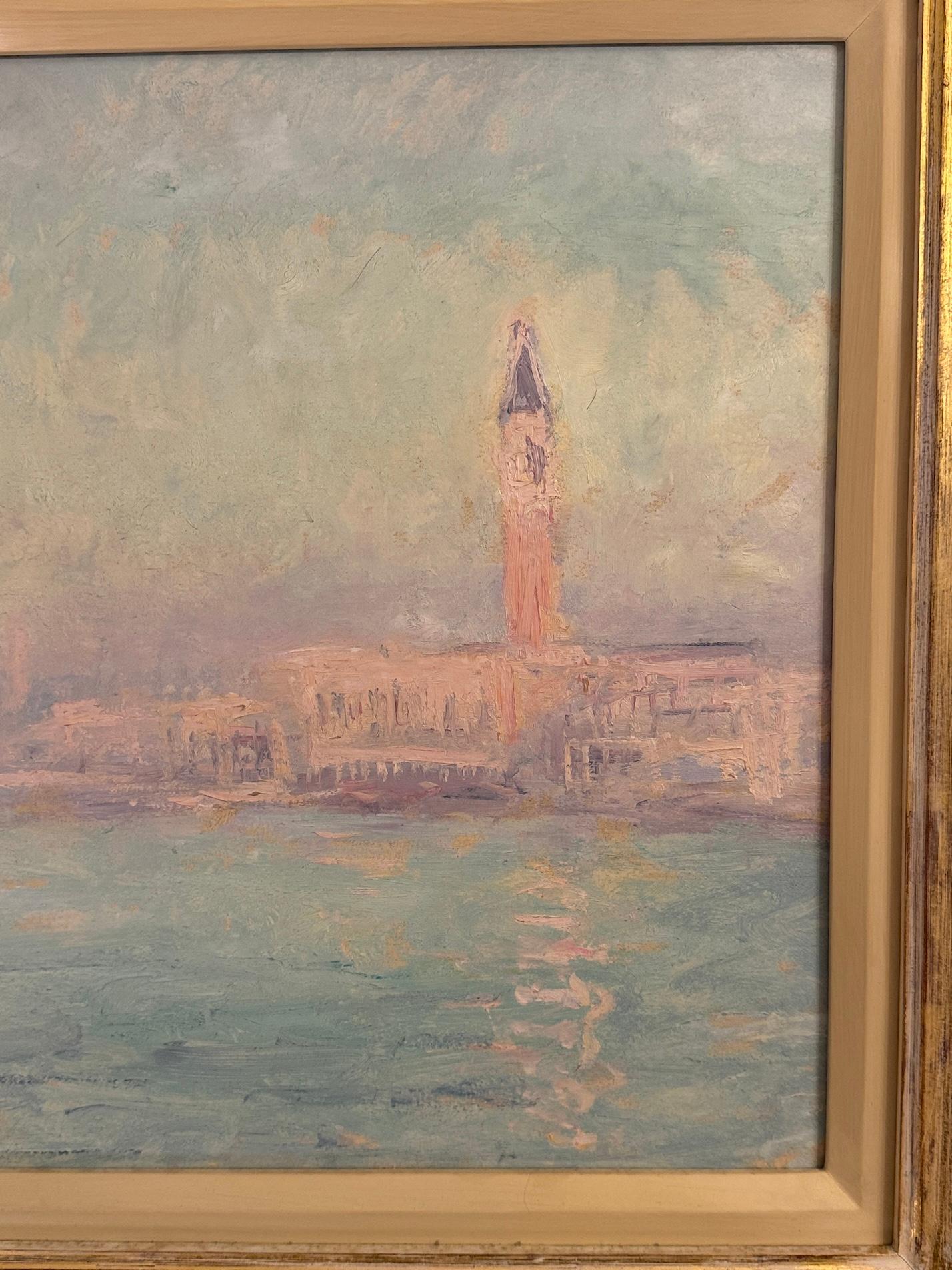 Early 20th century French Impressionist landscape, St.Marks, Venice at Sunrise - Painting by André Georges Barbier