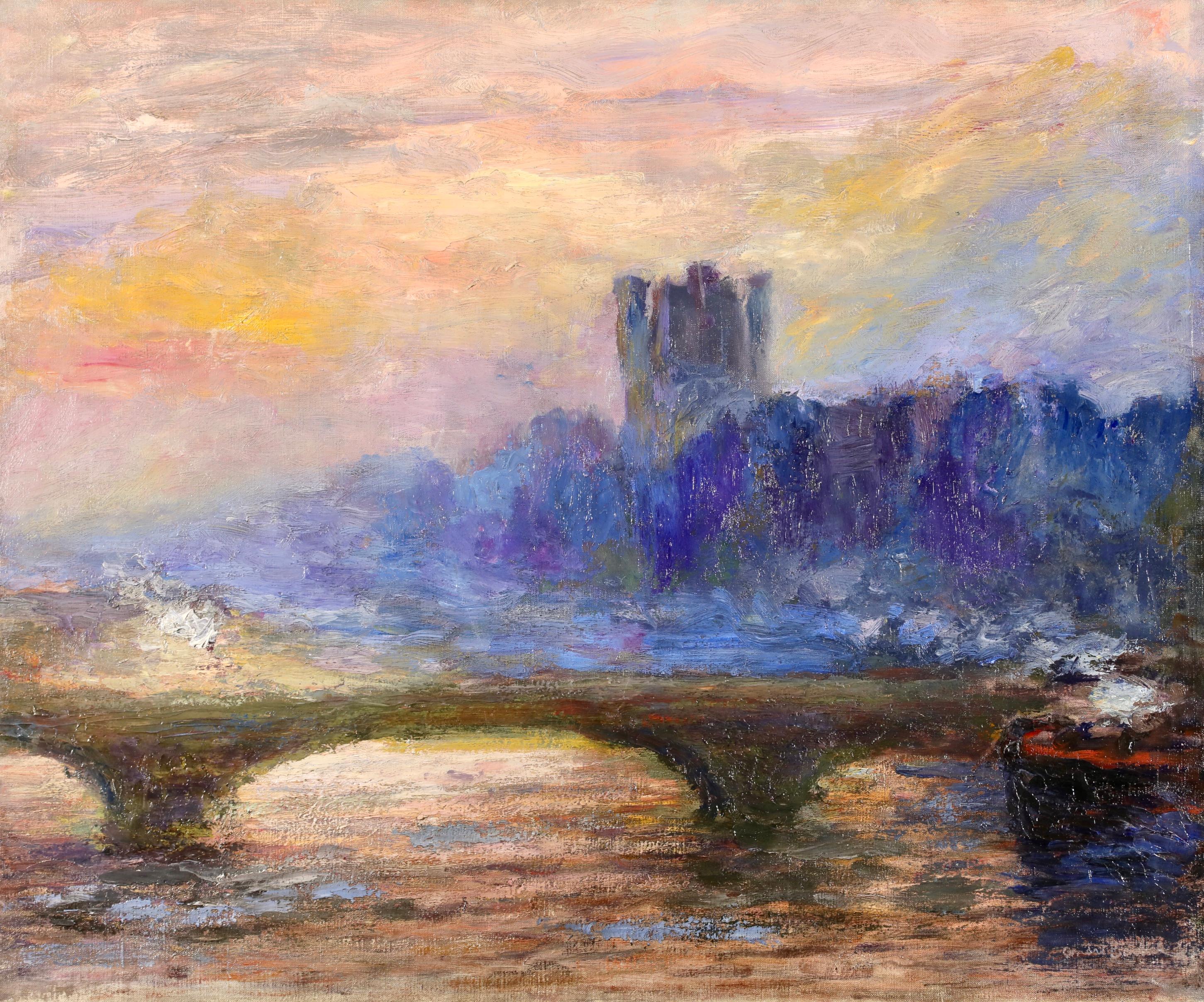 Ponte di Waterloo - Tramonto - Paesaggio ad olio post impressionista di Andre Barbier - Painting di André Georges Barbier