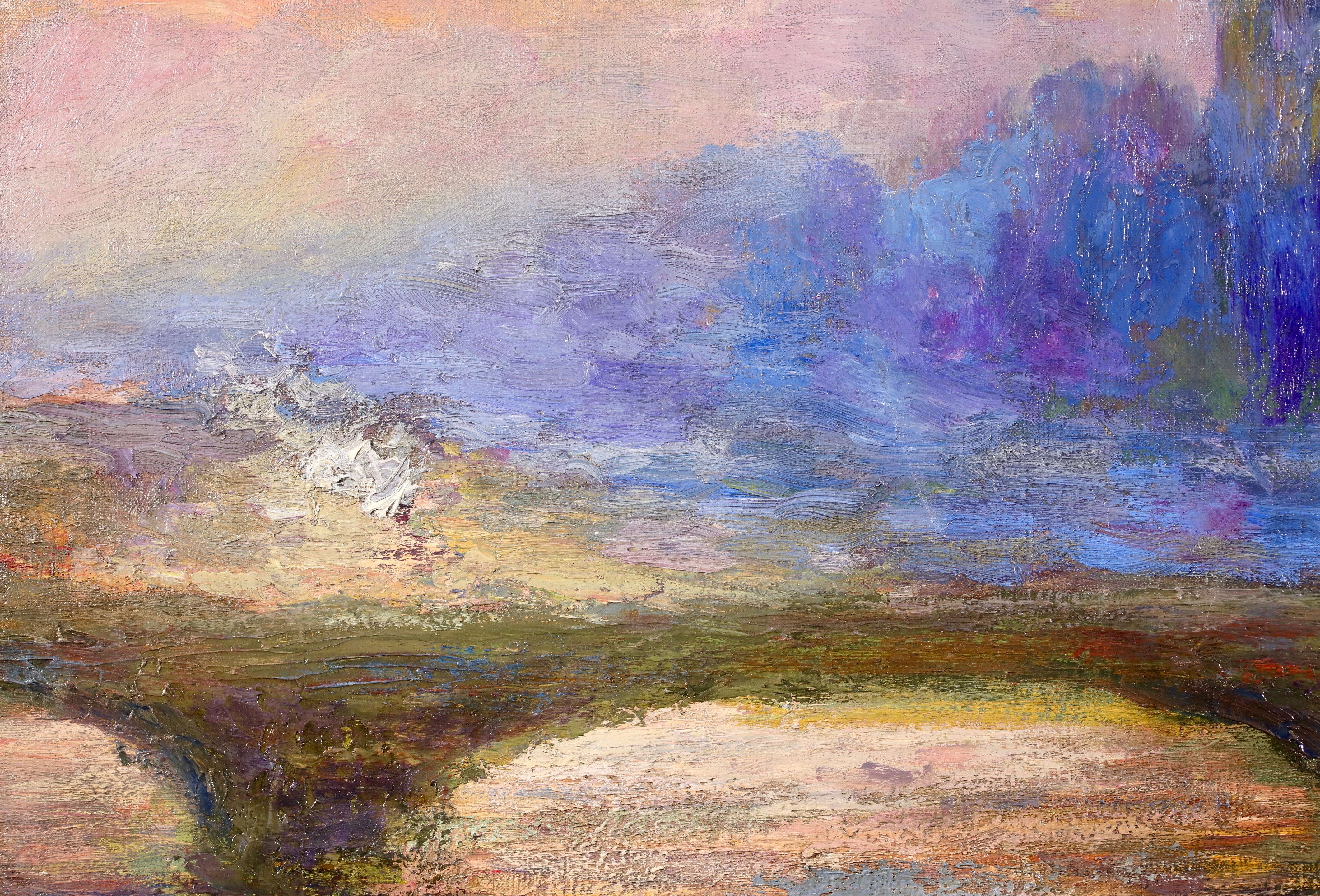 Ponte di Waterloo - Tramonto - Paesaggio ad olio post impressionista di Andre Barbier - Figurative Painting Marrone di André Georges Barbier