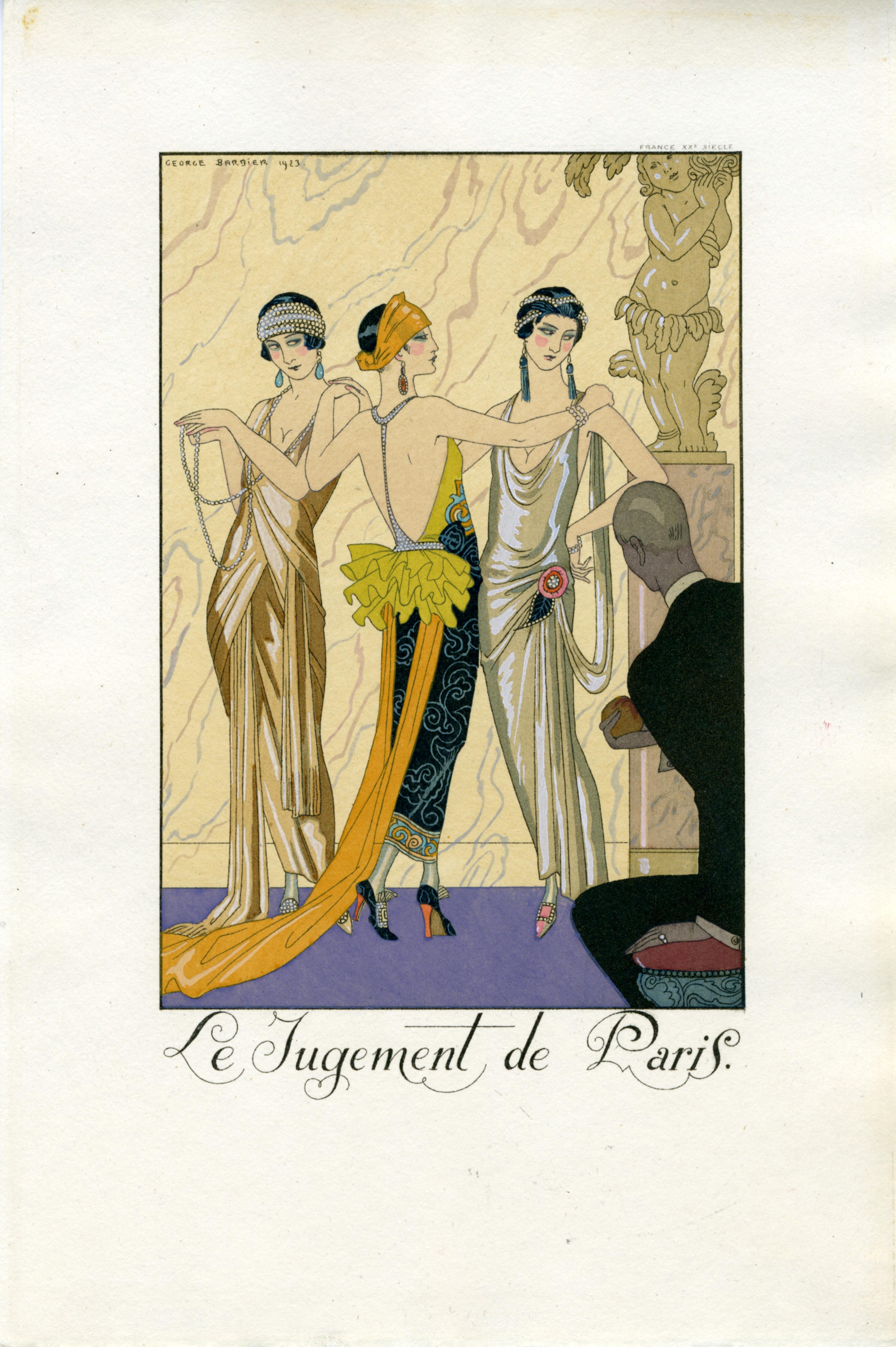 "Le Jugement de Paris (from Falbalas et Fanfreluches)" Vintage Pochoir Plate - Print by André Georges Barbier