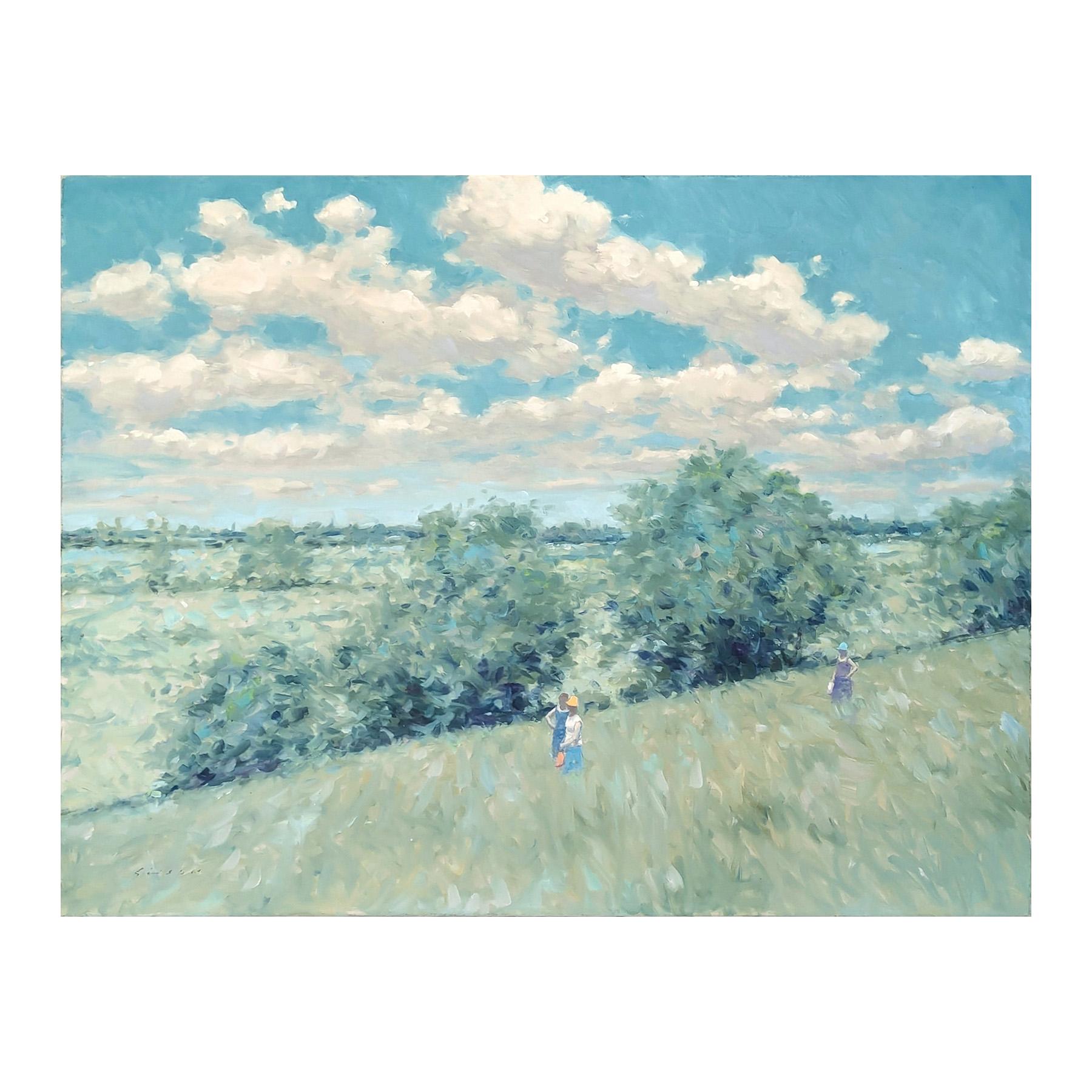 American Impressionist Painting of Women Standing in an Open Field Landscape - Gray Landscape Painting by André Gisson