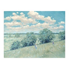 Amerikanischer Impressionist Gemälde von Frauen stehen in einem offenen Feld Landschaft