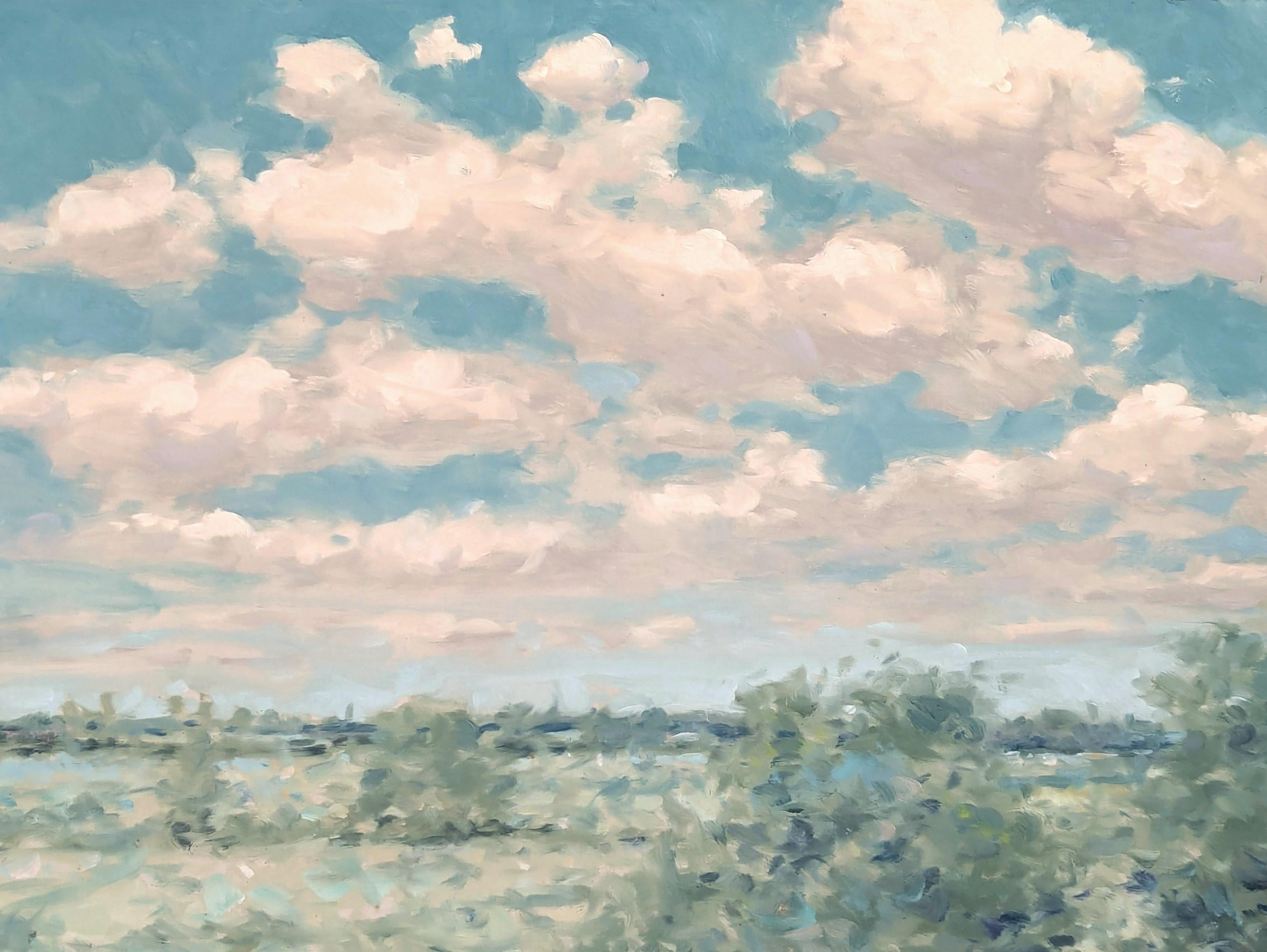 Early American Impressionist painting by New York born artist André Gisson. The work features a group of three women standing in an open field. The loose brushwork gives the impression of the wind blowing as a group of white clouds roll in. Signed