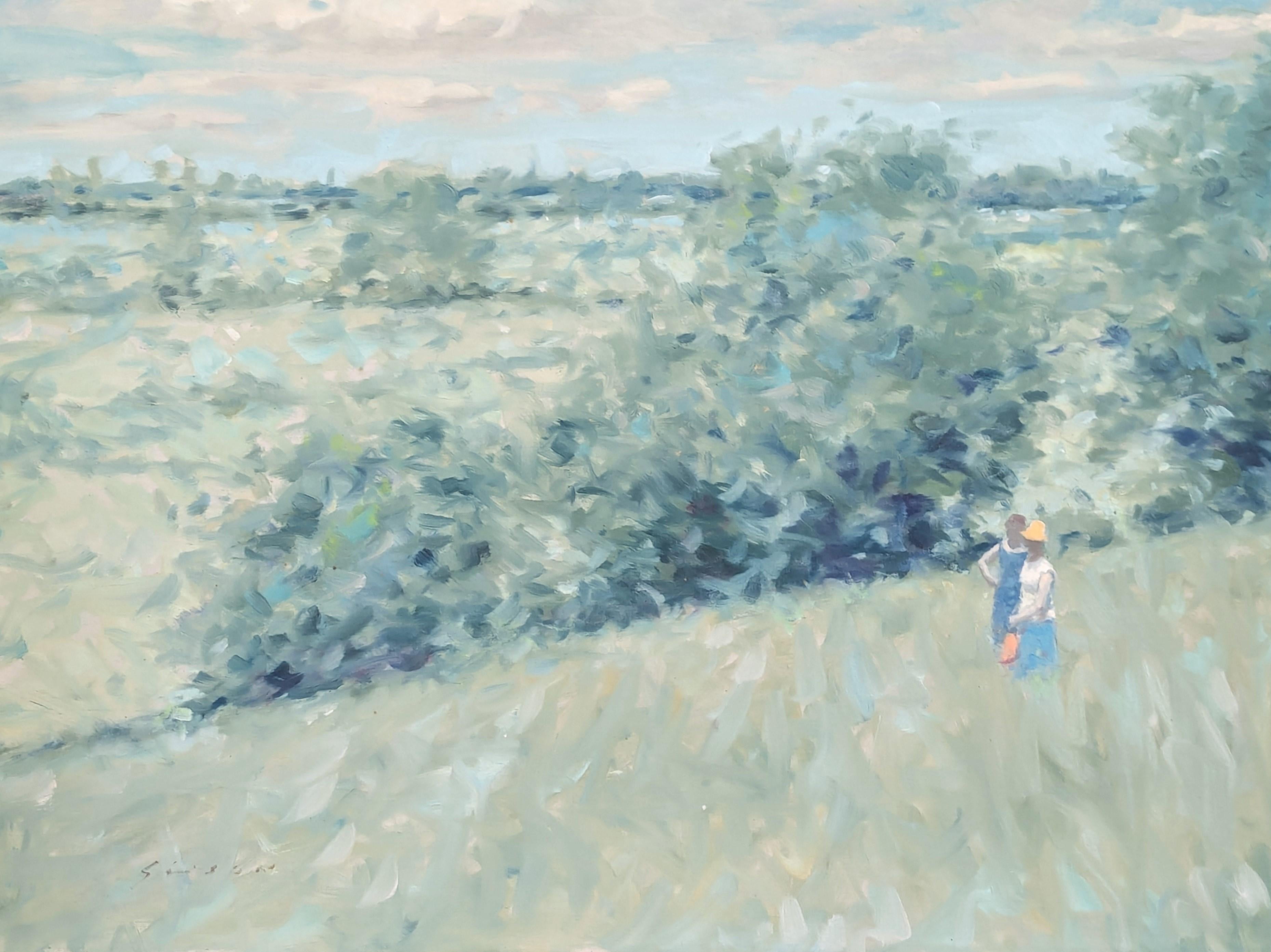 American Impressionist Painting of Women Standing in an Open Field Landscape For Sale 3
