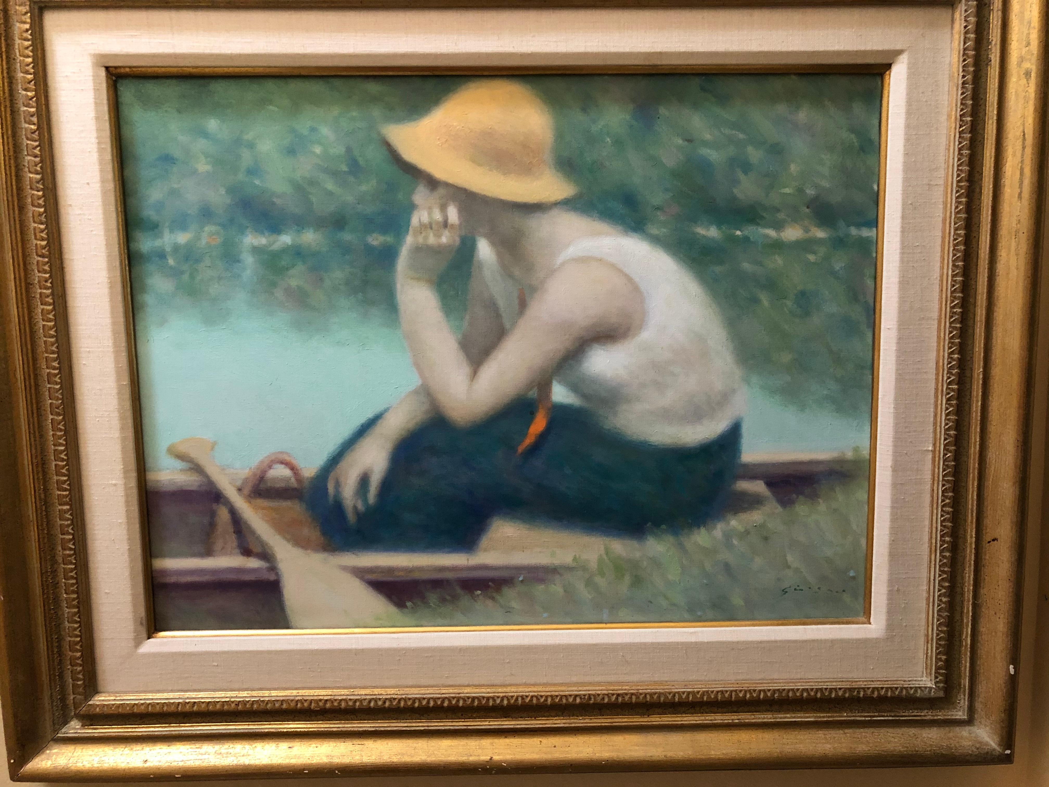 Andre Gisson Woman on a Lake - Painting by André Gisson