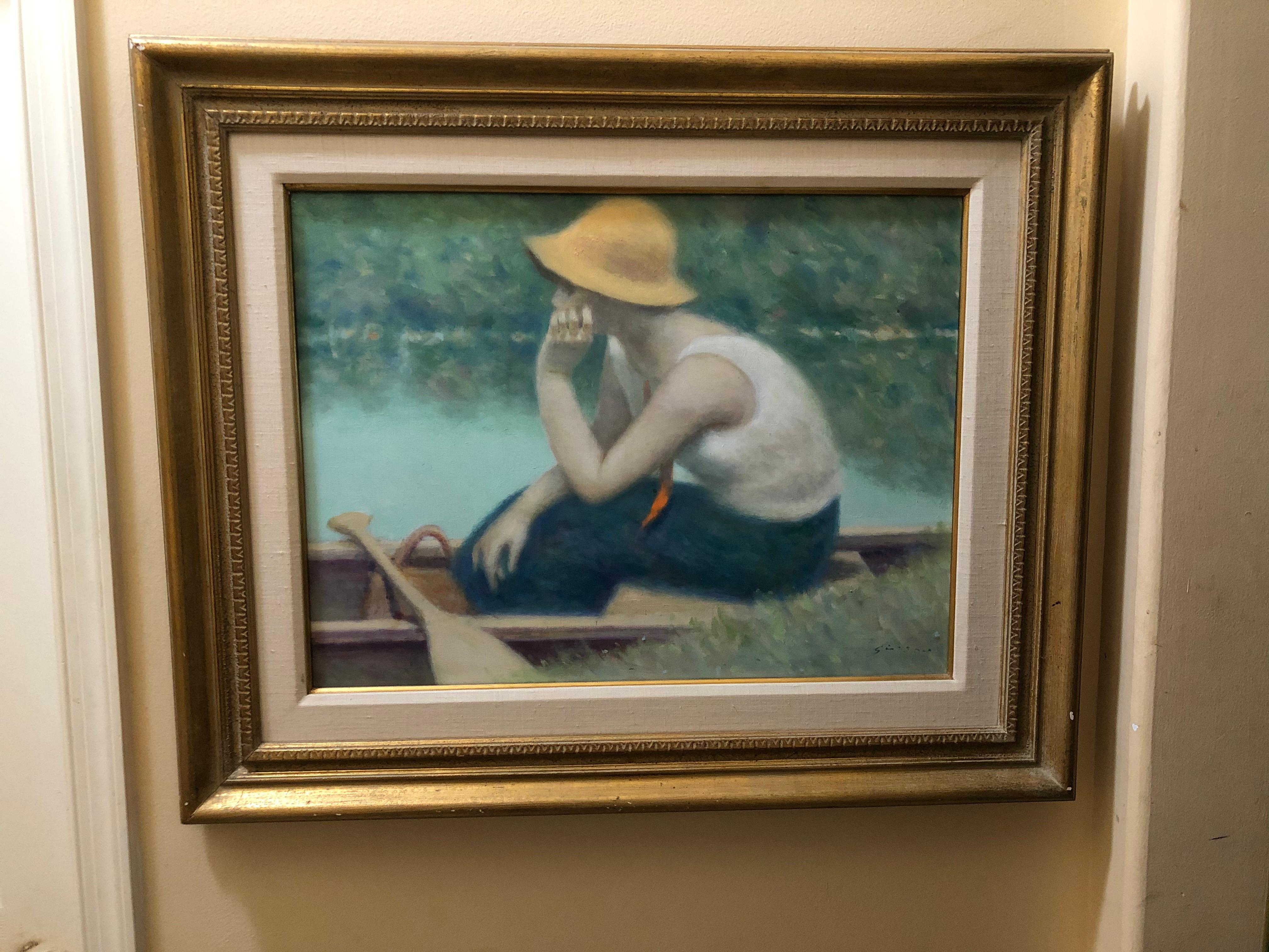Andre Gisson Frau am See (Grau), Figurative Painting, von André Gisson