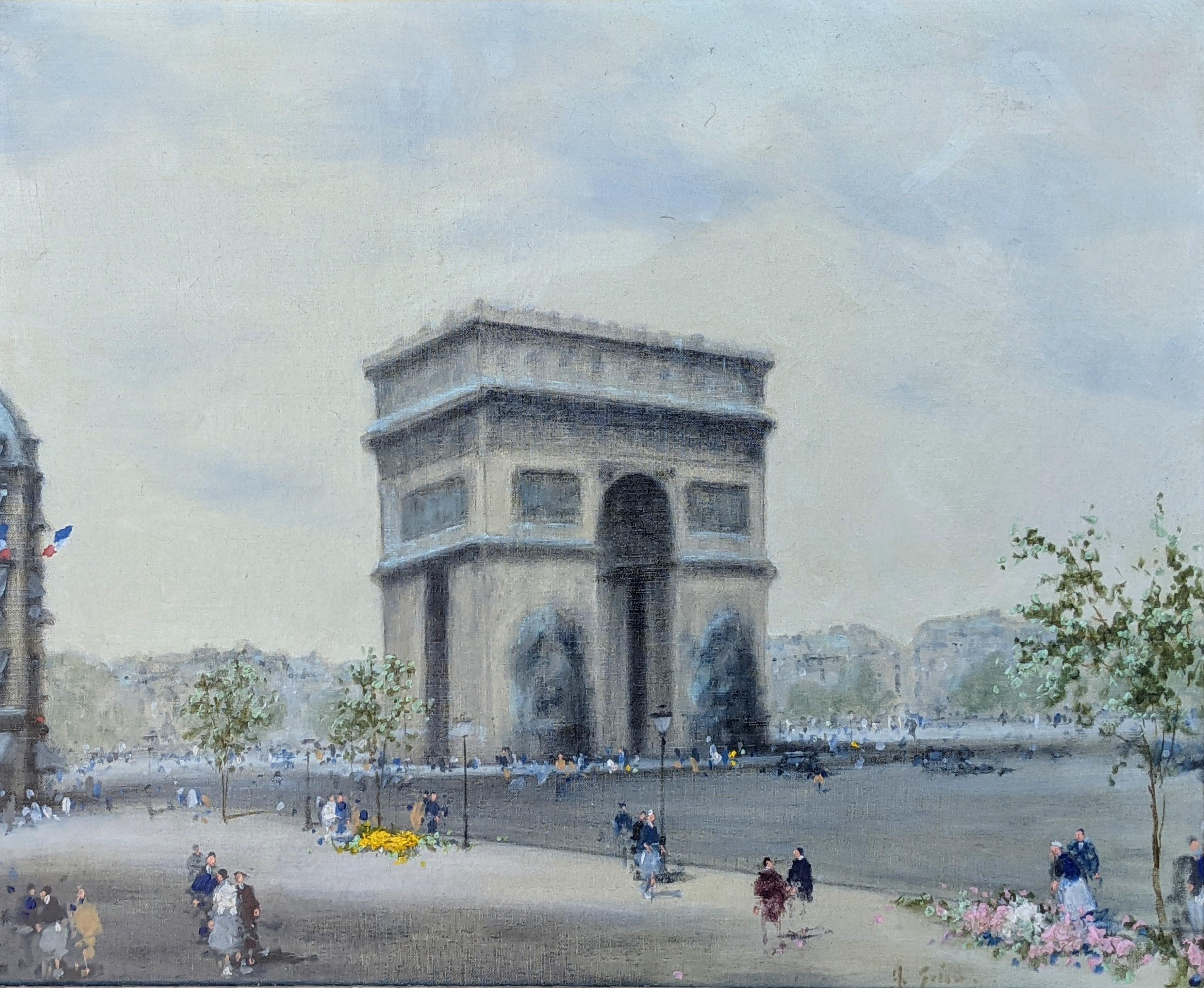 André Gisson Landscape Painting - "Arc de Triomphe, " Andre Gisson, Paris Street Scene, French Impressionist