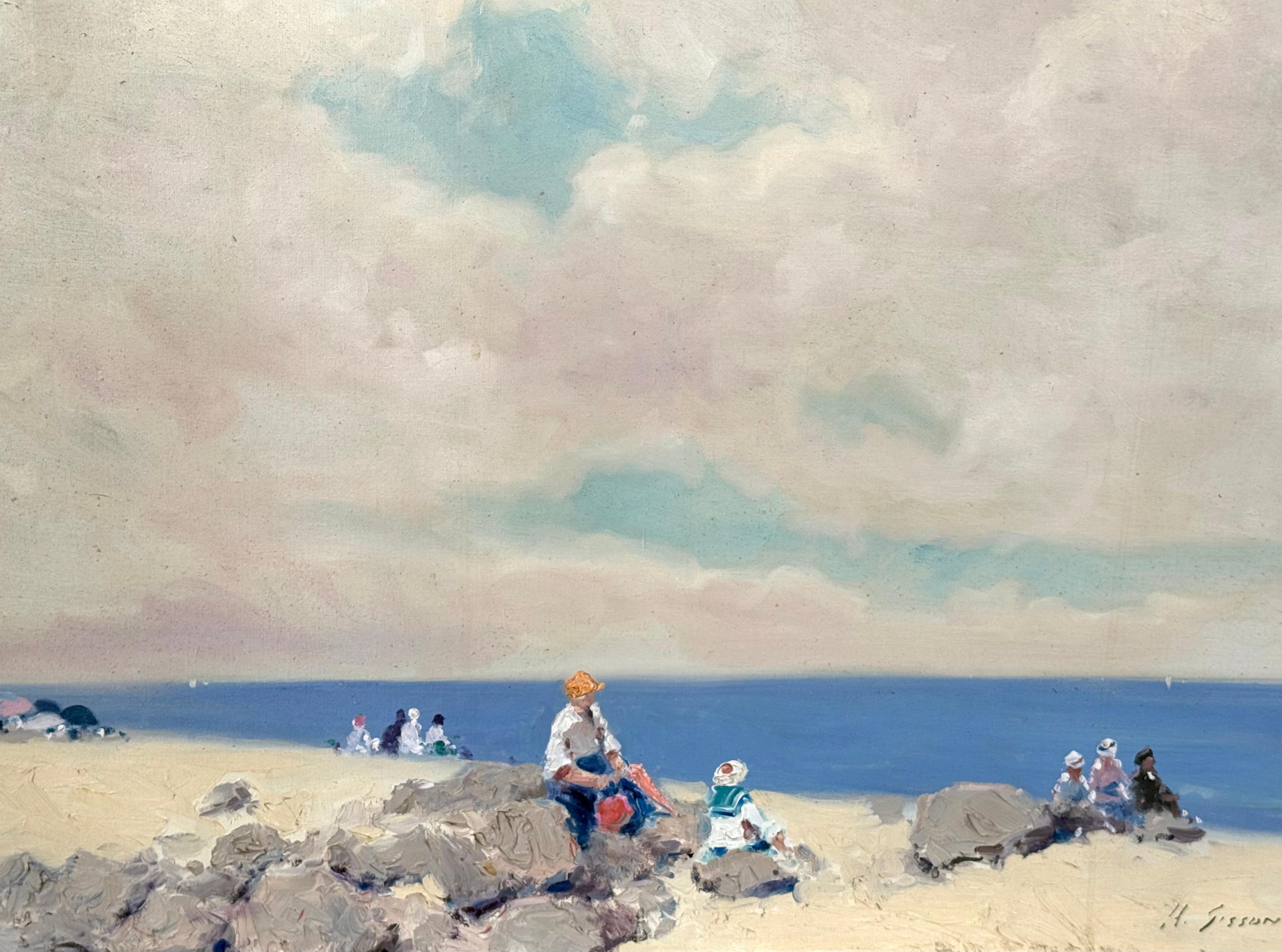 “Beach Day” - Gray Figurative Painting by André Gisson