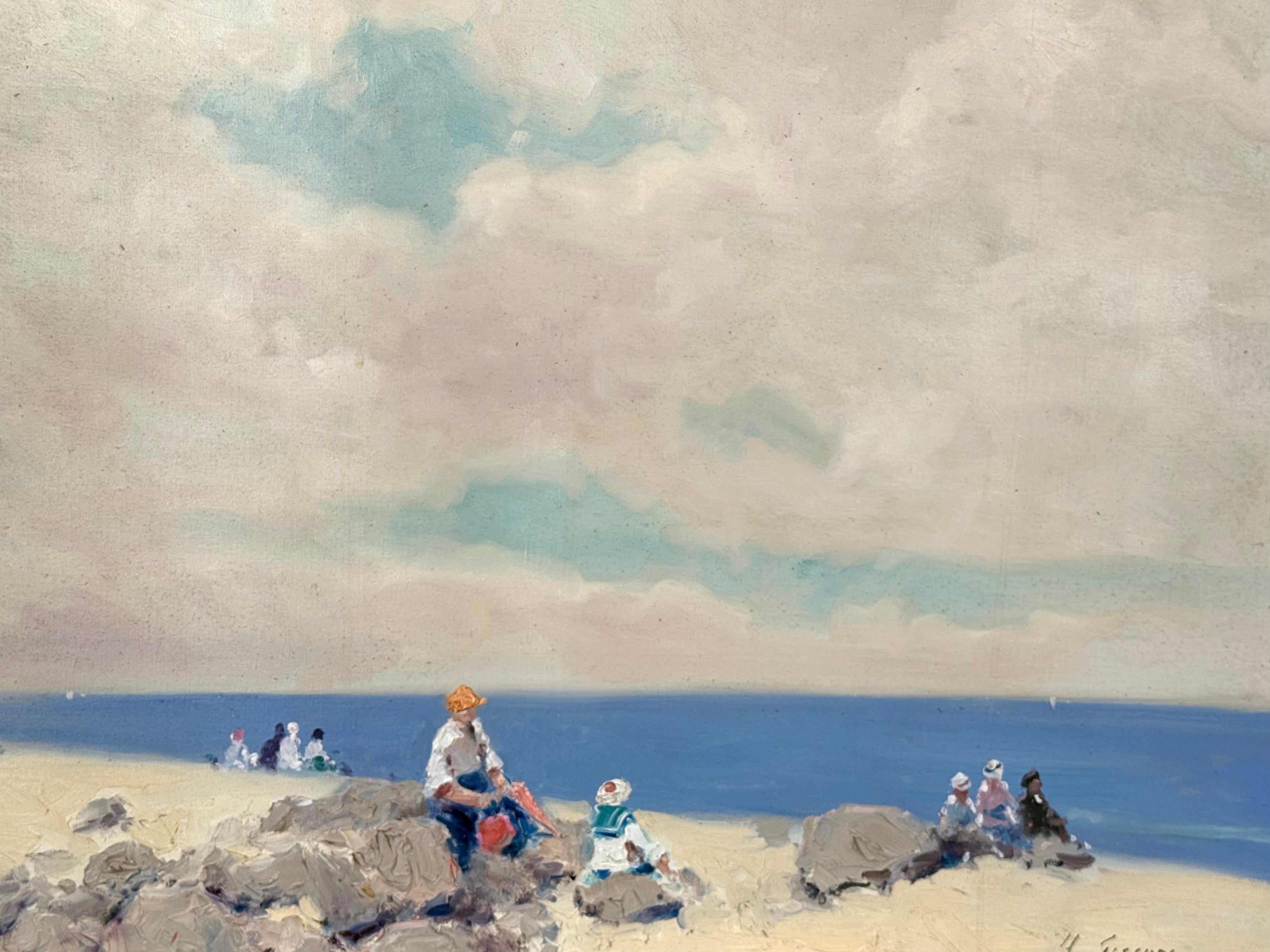 Large, outstanding original oil on canvas beach painting by the well known American artist, Andre Gisson.  Signed by the artist lower right “Gisson”. Circa 1980. Condition is very good. The painting is housed in its original frame. Overall framed