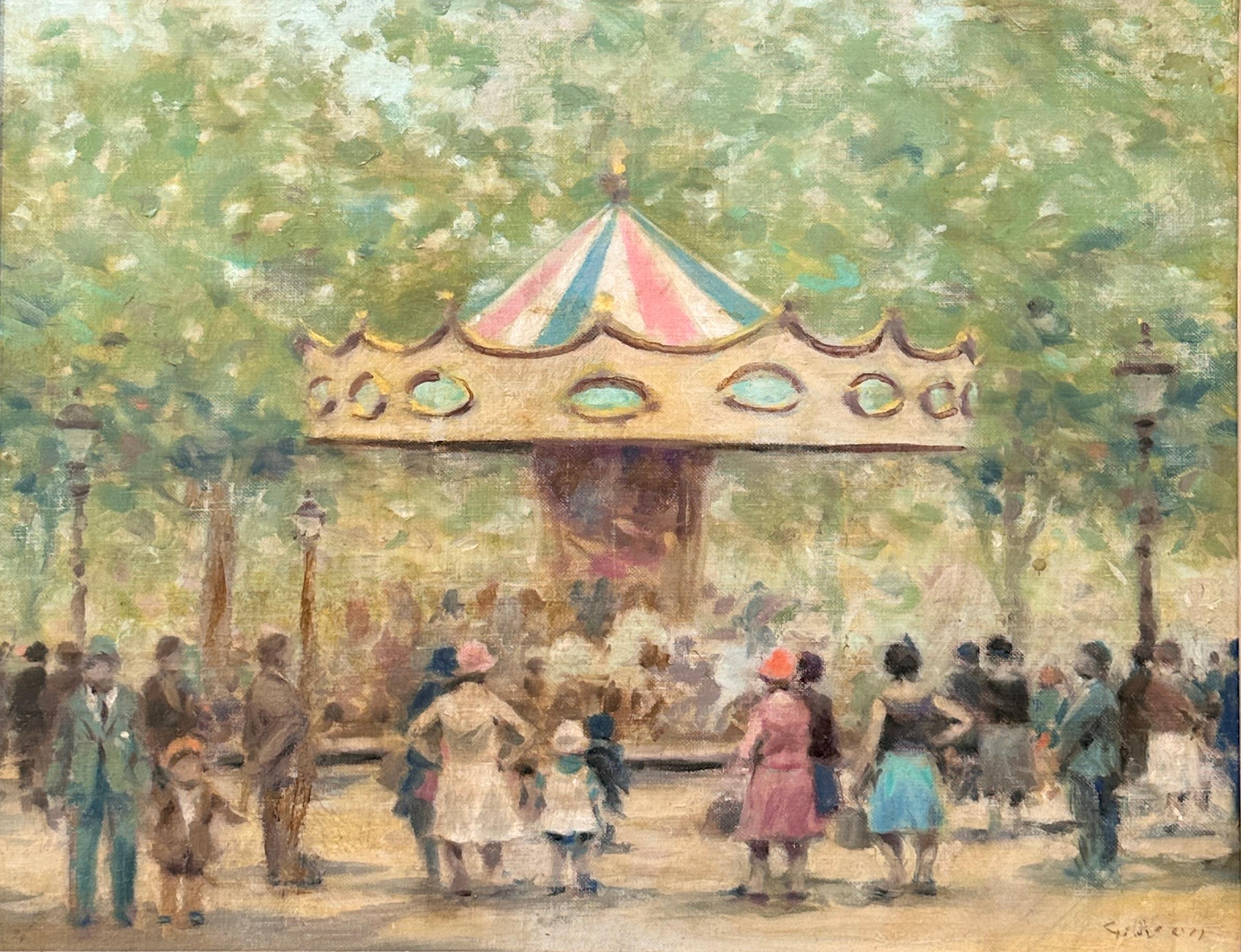 André Gisson Landscape Painting - "Carousel" - Carousel painting, Figures, American Impressionist in France