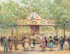 Vintage "Carousel" - Carousel painting, Figures, American Impressionist in France