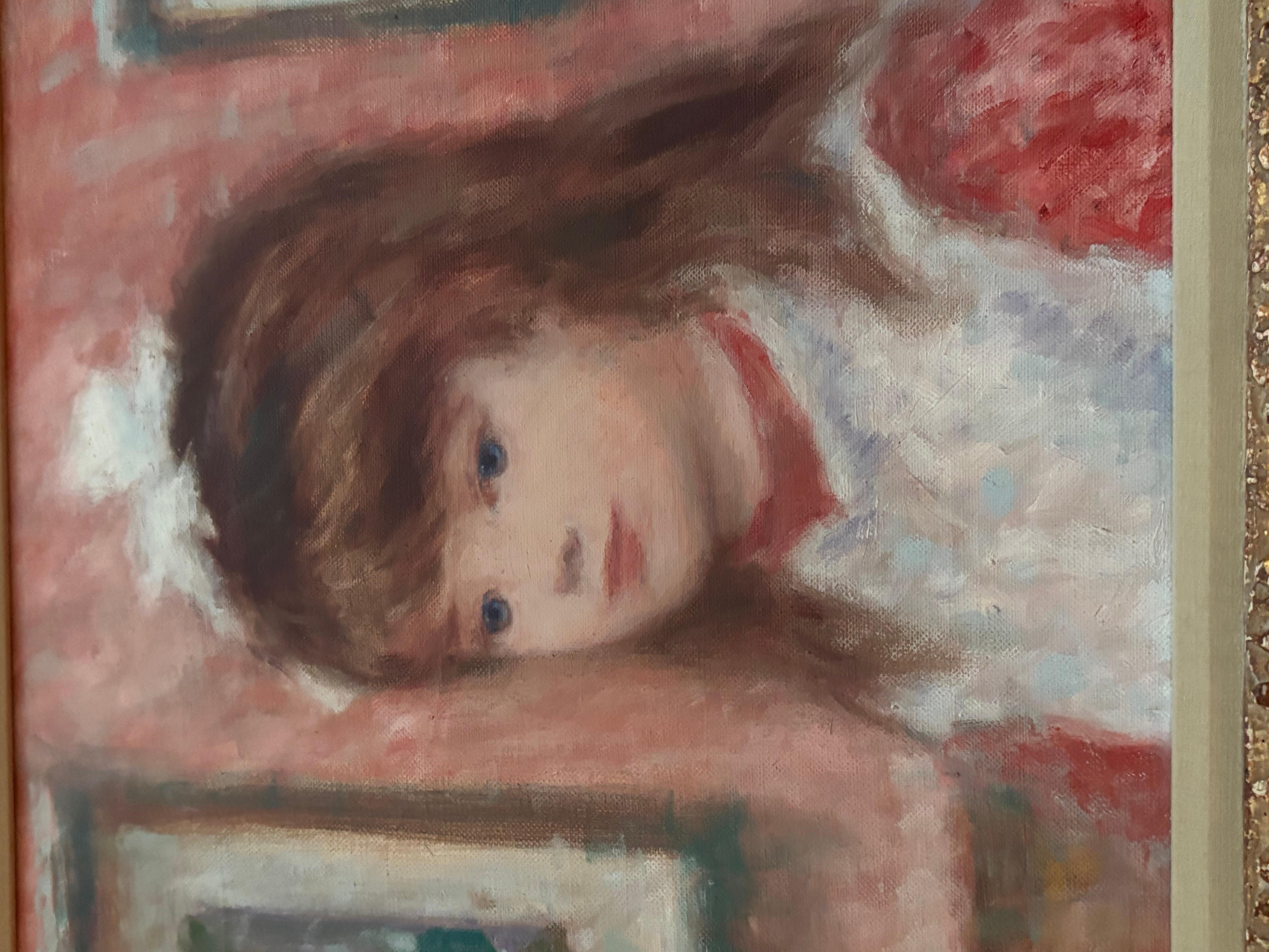 Mädchen mit blauen Augen in einer Kunstgalerie, Ölgemälde im Angebot 1