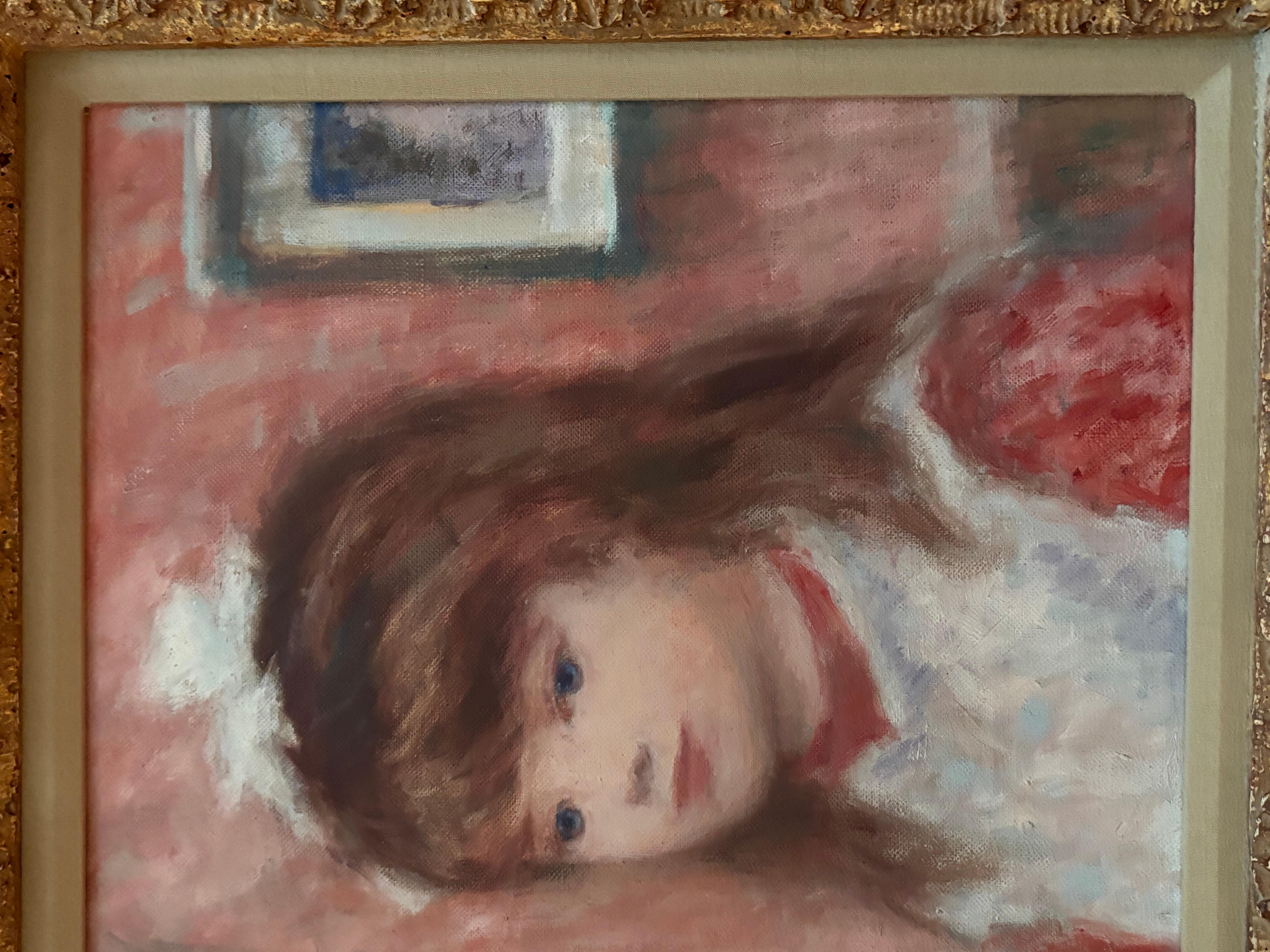 Mädchen mit blauen Augen in einer Kunstgalerie, Ölgemälde im Angebot 2