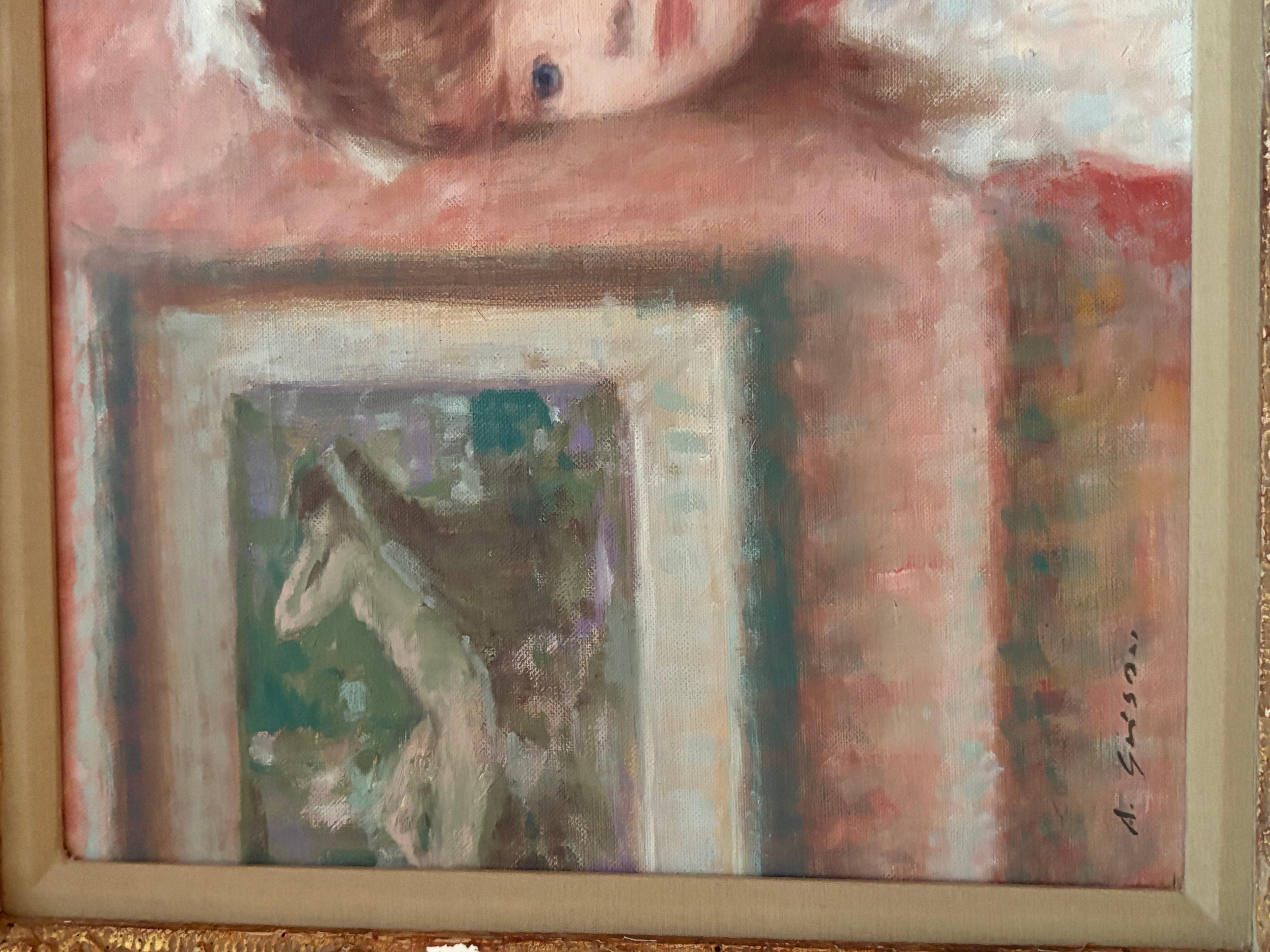 Mädchen mit blauen Augen in einer Kunstgalerie, Ölgemälde im Angebot 3