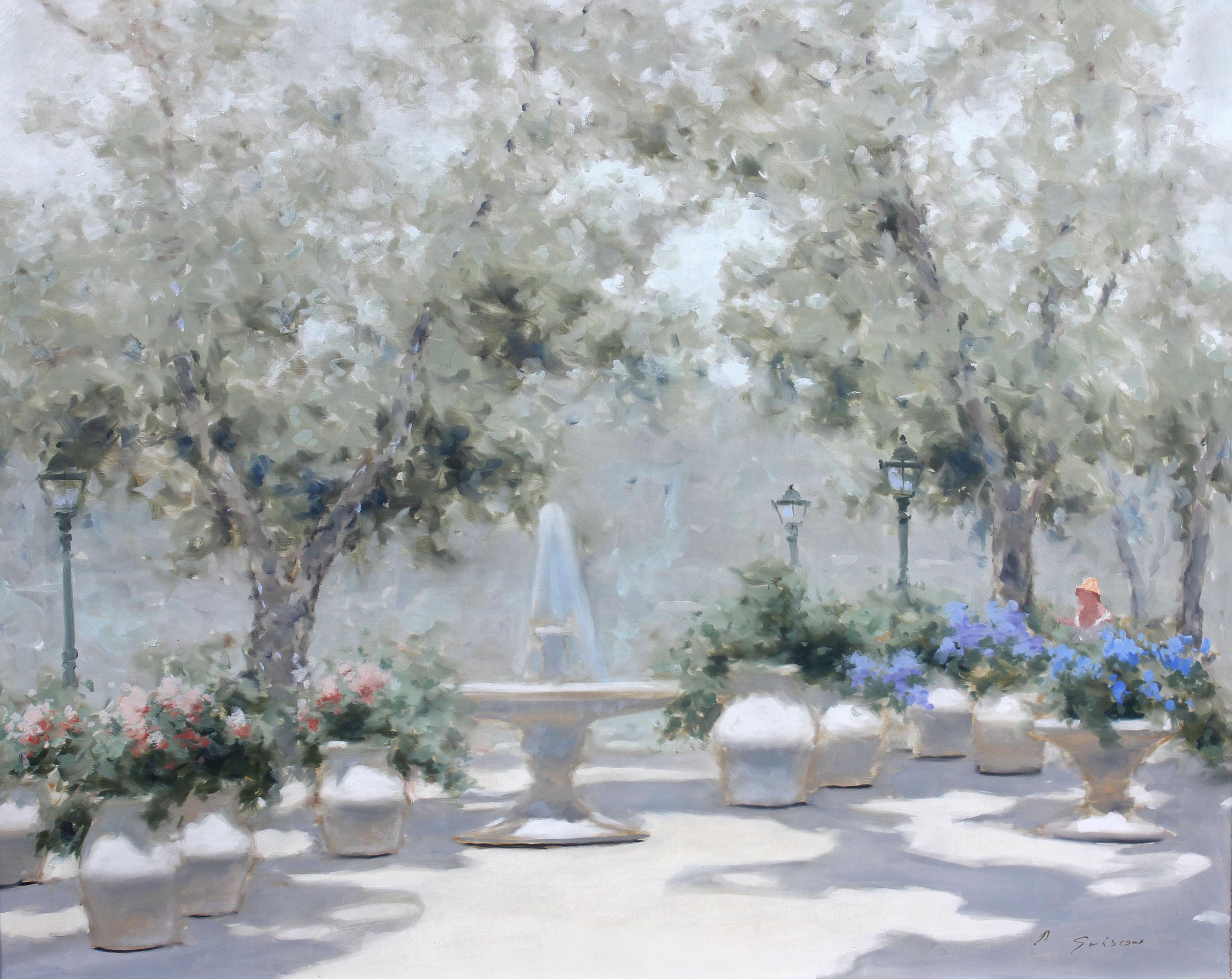 Sonnige Parkszene, ein impressionistisches Gemälde von Andre Gisson (1921-2003). Sanfte Farben und helles Licht sind die Markenzeichen von Gissons Arbeit. Obwohl der in Amerika geborene Andre Gisson am besten für seinen französischen
