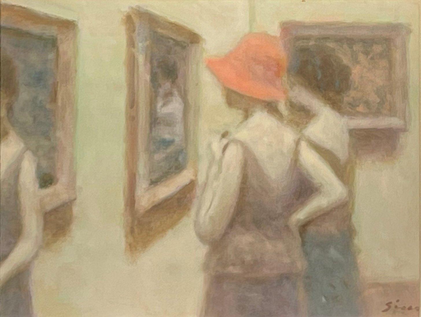 André Gisson Figurative Painting - "Ladies at the Museum, " Andre Gisson, Impressionist Gallery Scene with Women