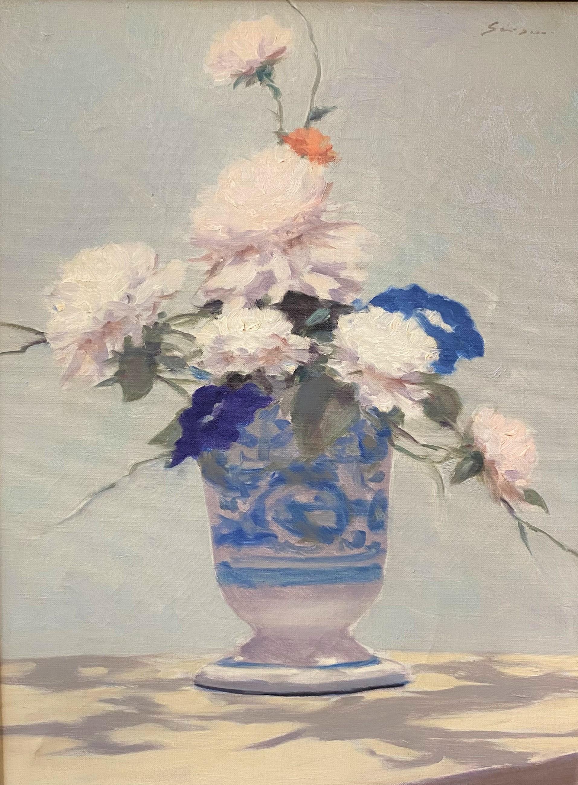 Still Life in Blue & White Vase - Painting by André Gisson