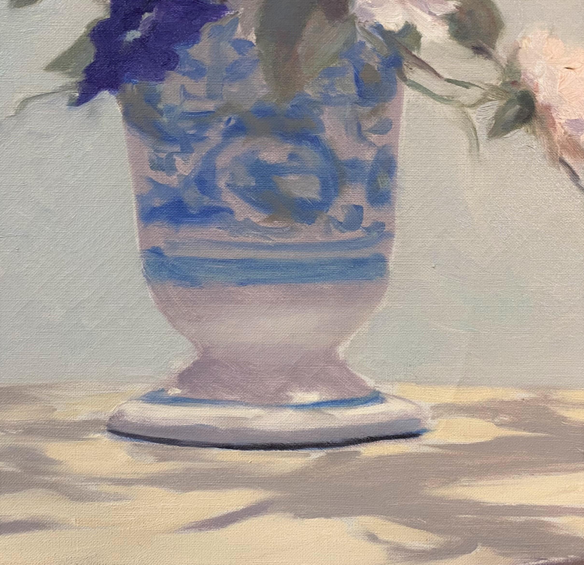 A nicely executed still life oil painting of flowers in a blue & white vase by André (Gittleson) Gisson (1921-2003). Gisson, born Anders Gittleson in Brooklyn, NY, graduated from the Pratt Institute and was a captain in the Army during World War II.