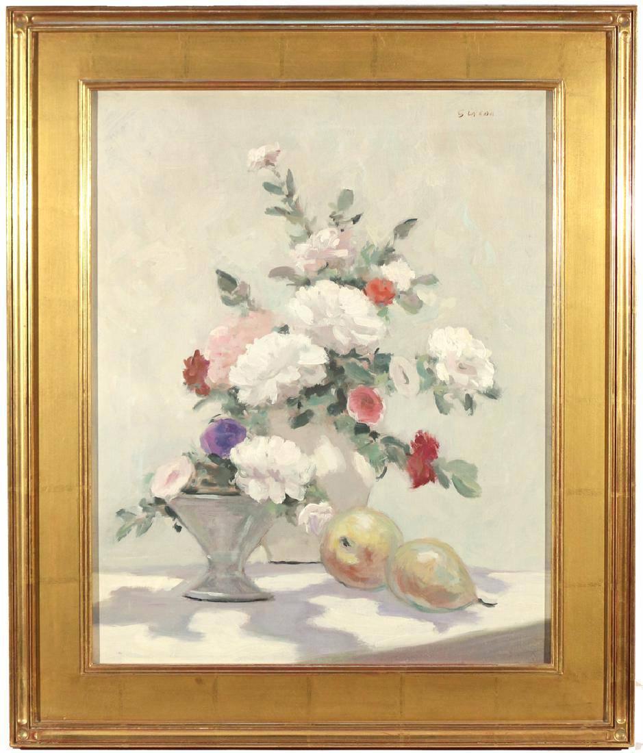 Still-Life Painting André Gisson - Nature morte avec fleurs et poires.