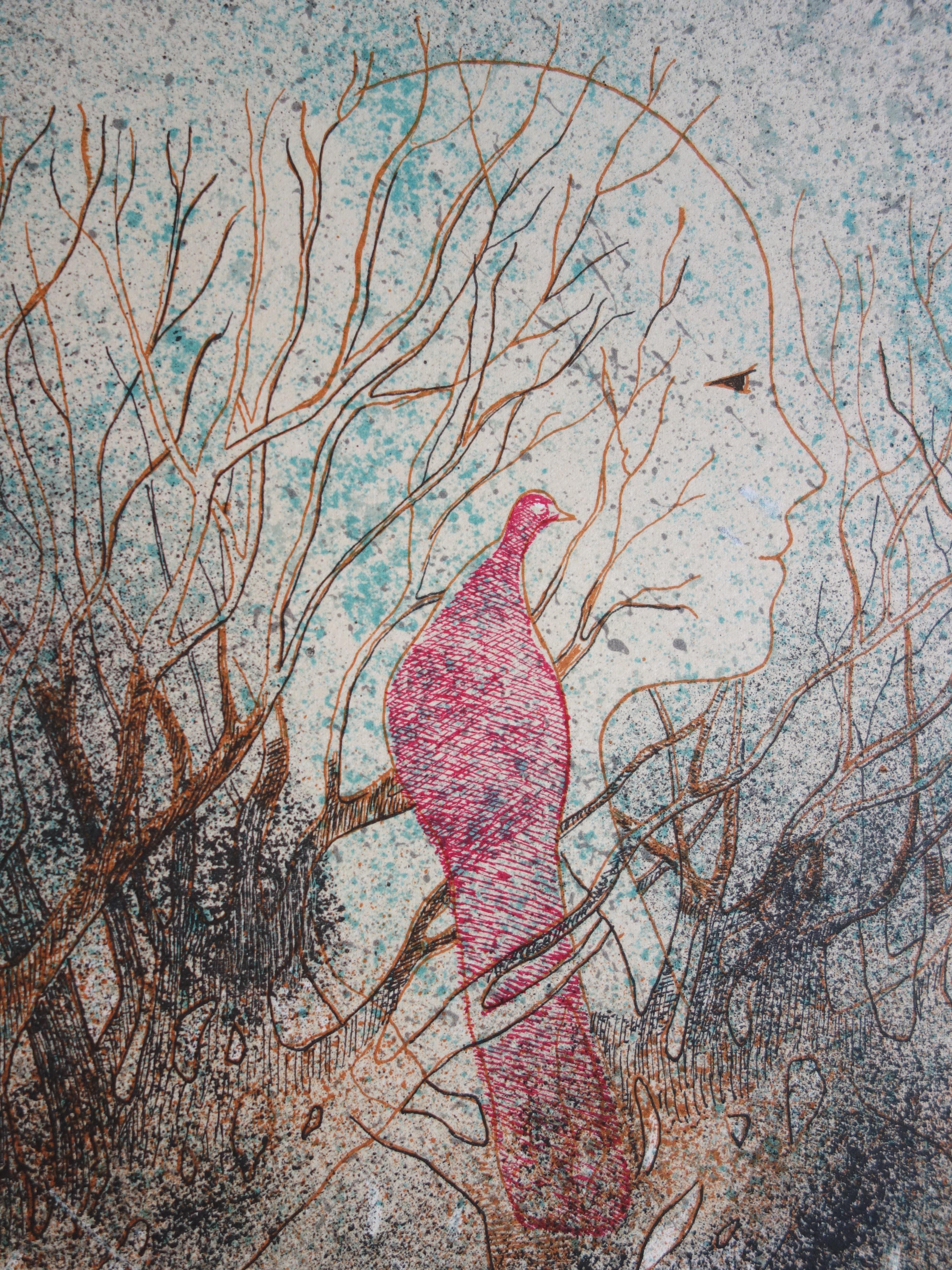 Dawn, End of a Dream - Handsigned Original Lithograph - Gray Landscape Print by Andre Goezu