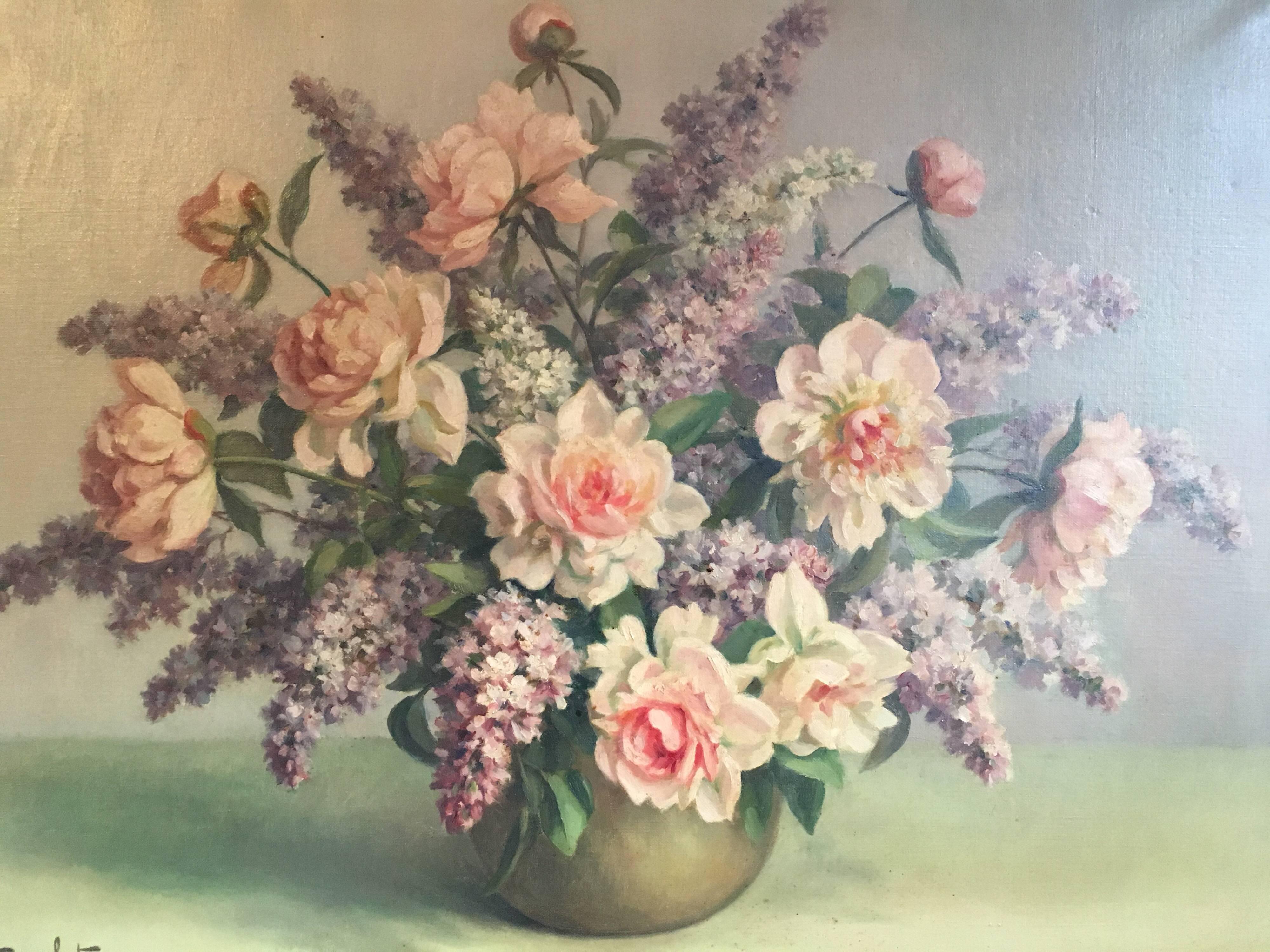 Floral Bouquet
By Andre Granchet, French artist, early 20th Century
Signed by the artist on the lower left hand corner
Oil painting on canvas, framed
Framed size: 31 x 39 inches

Delightful oil of a bouquet of flowers, peonies and foxgloves. The