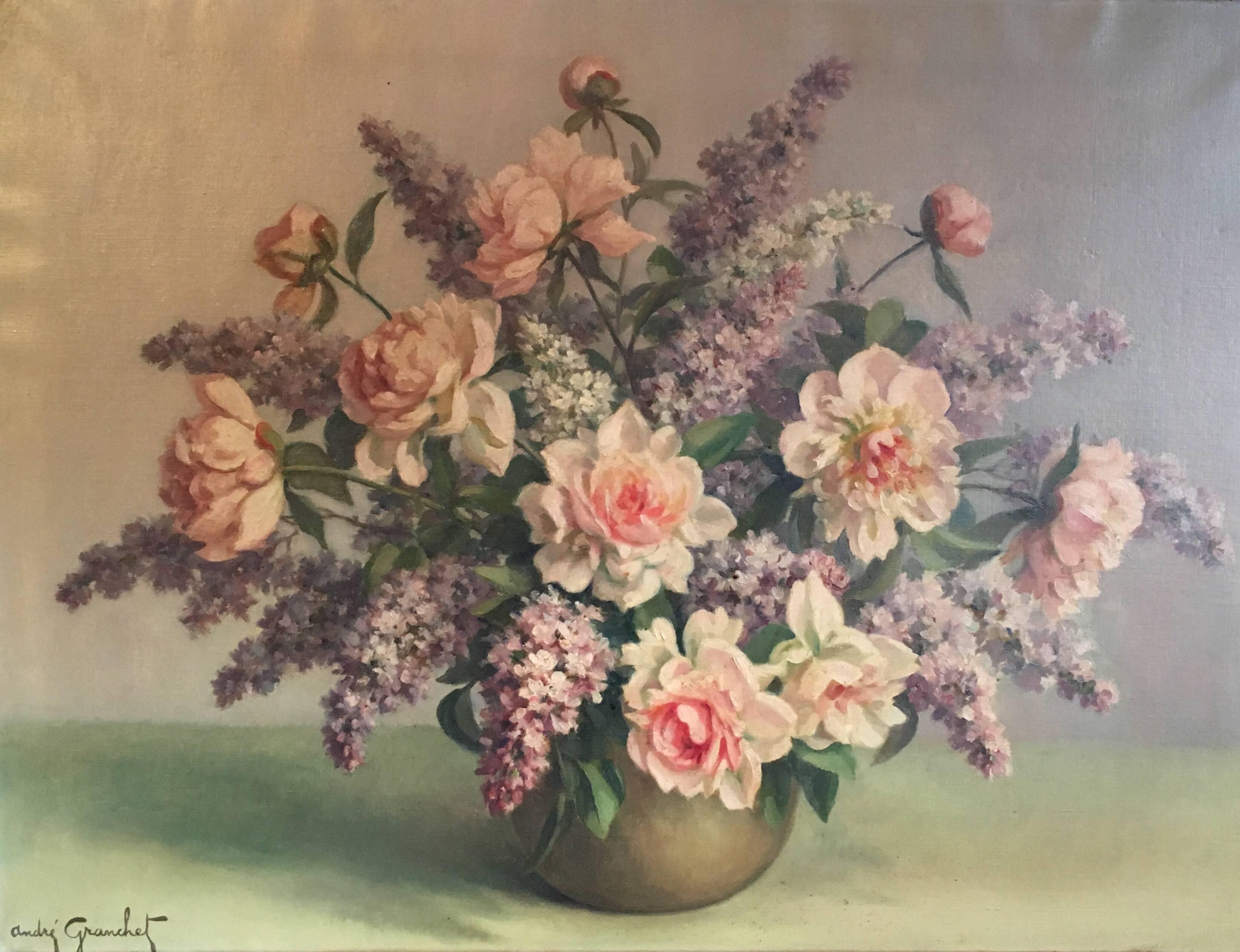 Andre Granchet Interior Painting - Floral Bouquet Pink Roses Very Large Oil Painting
