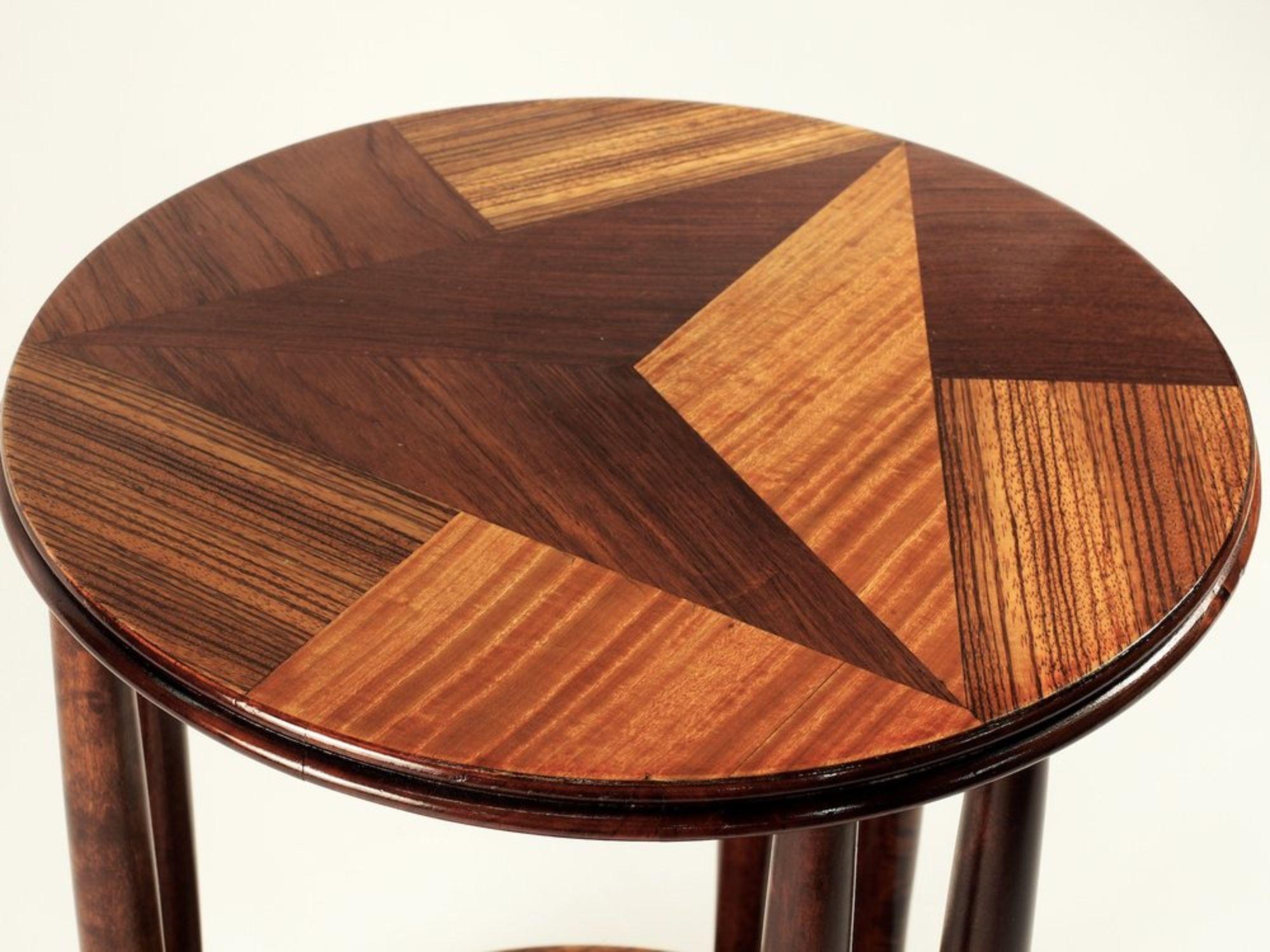 French Modernist Art Deco side table by Andre Groult with Cubist marquetry in a variety of exotic hardwoods. Measures: 17