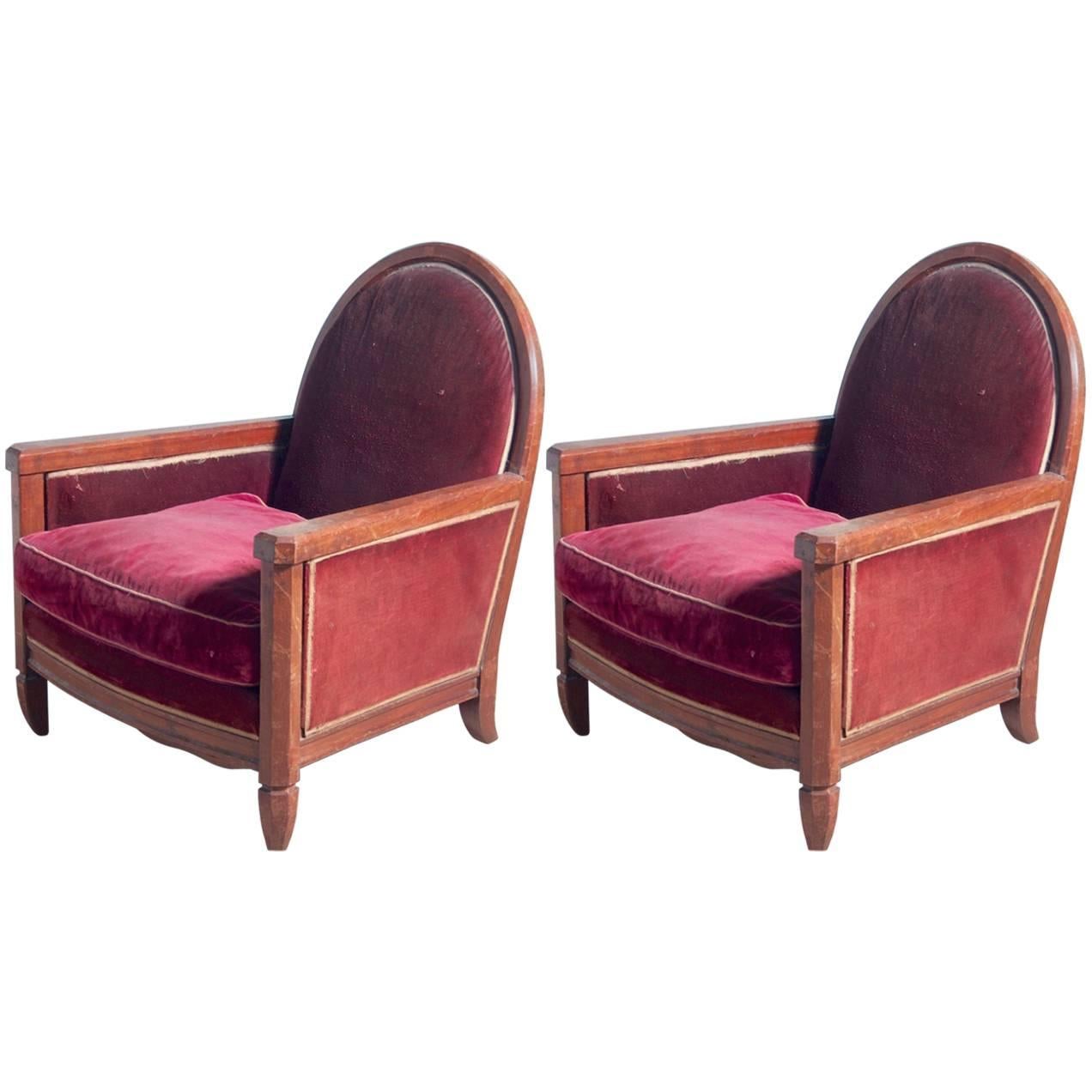 This pair is believed to be unique, commissioned for an installation in Paris, circa 1920.

Please note these chairs are unrestored in the first photograph. The second and third photos show the now-restored frames and the chairs in situ in