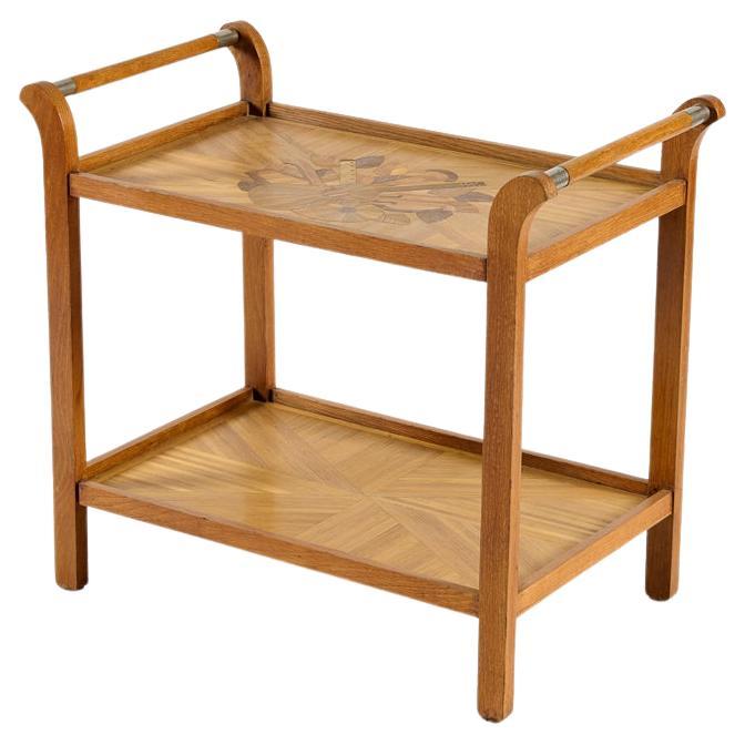 André Groult, Two-tier Oak Serving Table w/ Straw Marquetry, France, circa 1930 For Sale
