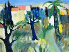 197's French Modernist Signed Oil Palm Trees in Village Landscape Large Painting