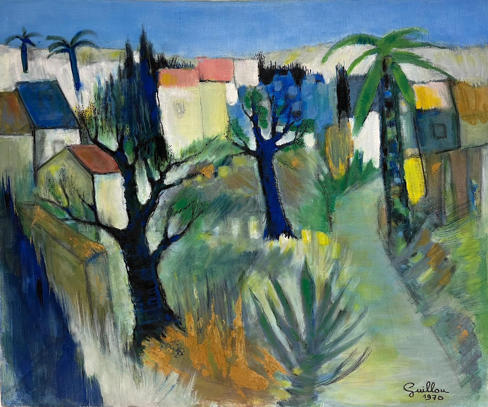 Andre Guillou Abstract Painting - 197's French Modernist Signed Oil Palm Trees in Village Landscape Large Painting
