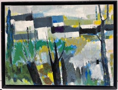 1980's French Modernist Signed Oil Abandoned Village Cubist Houses in Landscape