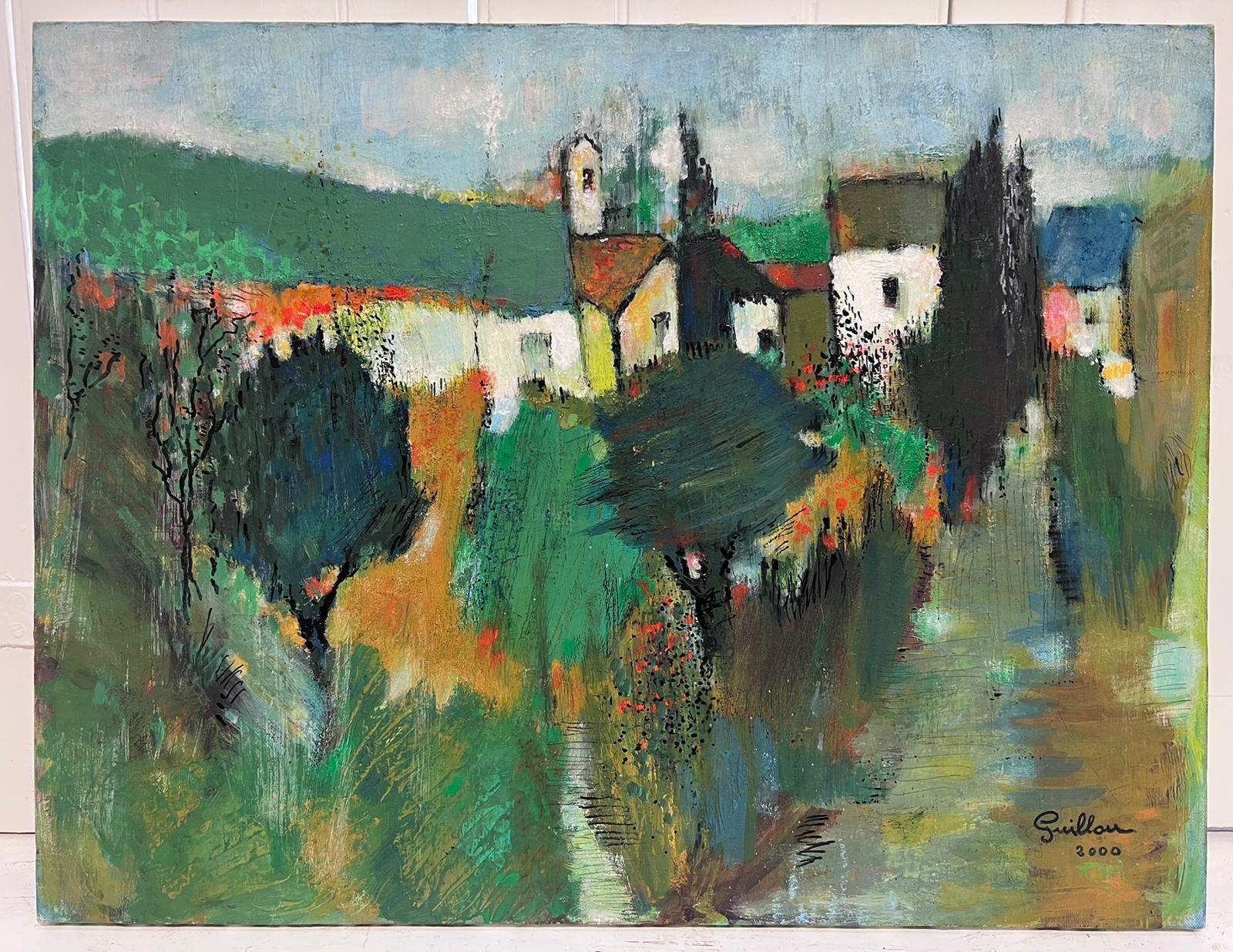 Autumn Burnt Orange Colors French Modernist Signed Oil Village Houses Landscape - Painting by Andre Guillou