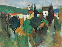 Autumn Burnt Orange Colors French Modernist Signed Oil Village Houses Landscape